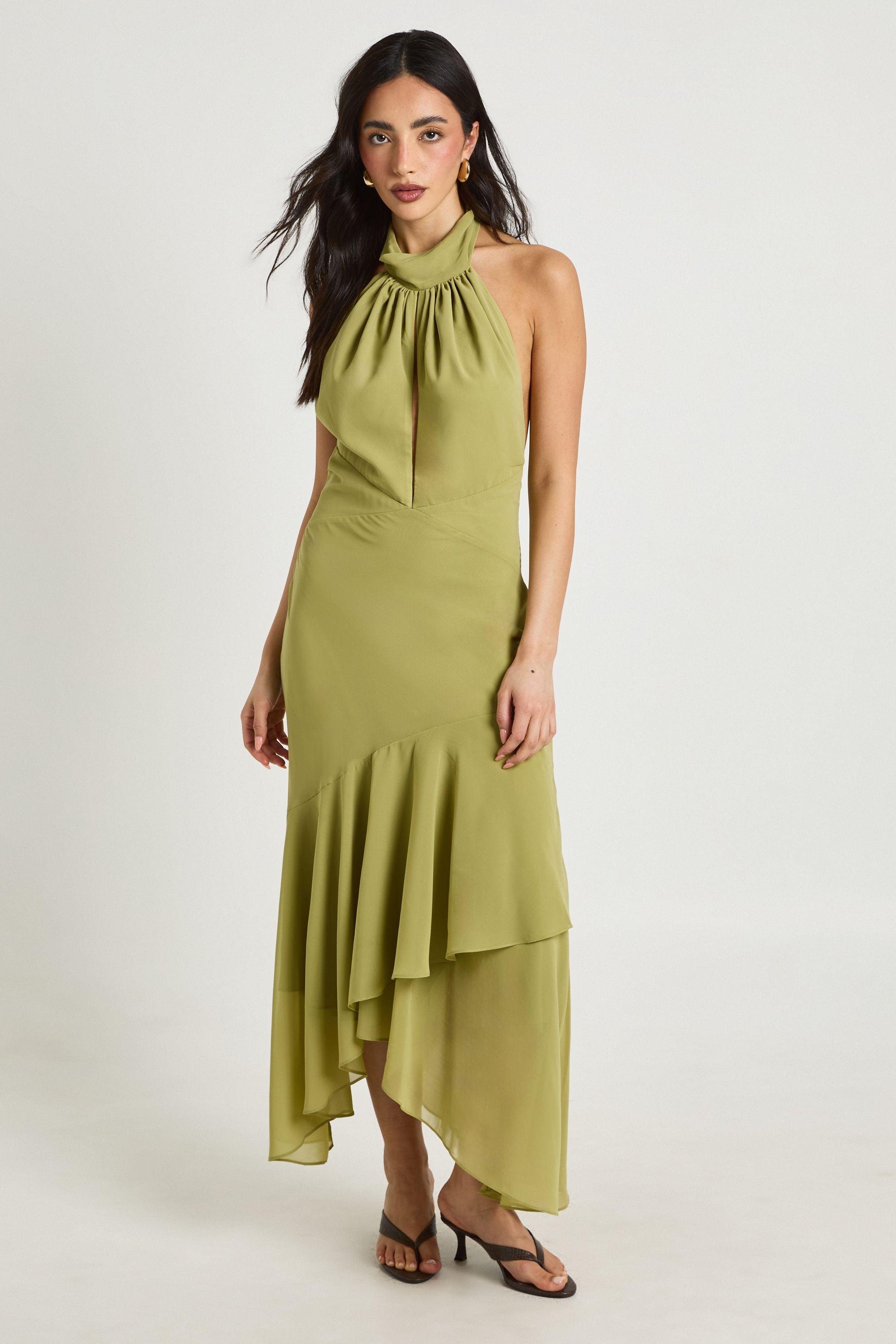 Chiffon High Neck Flower Detail Asym Hem Midaxi Dress by BOOHOO