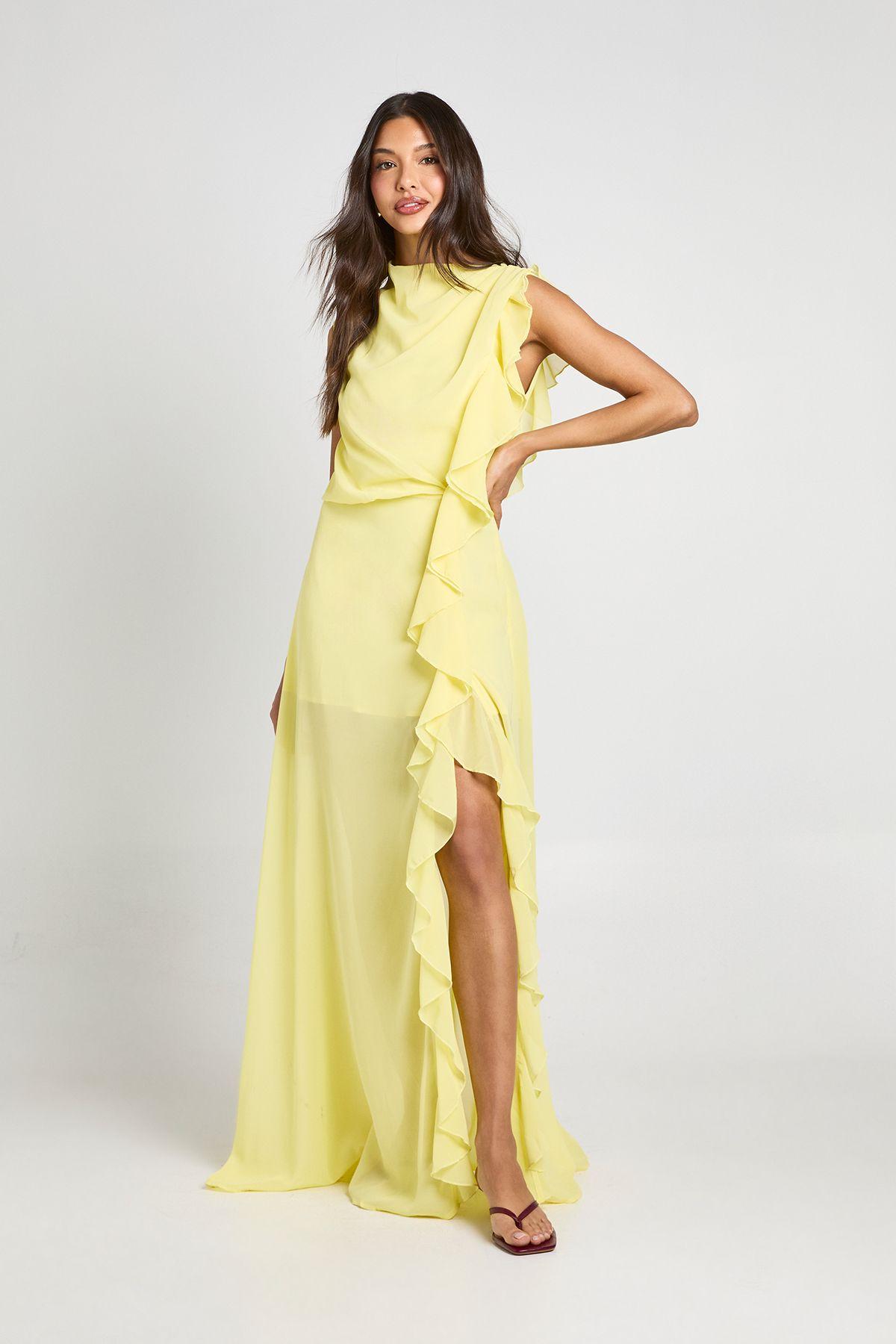 Chiffon High Neck Ruffle Detail Maxi Dress by BOOHOO