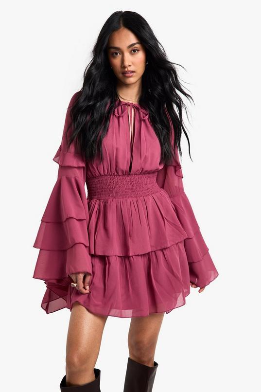 Chiffon Long Sleeve Ruffle Mini Dress by BOOHOO