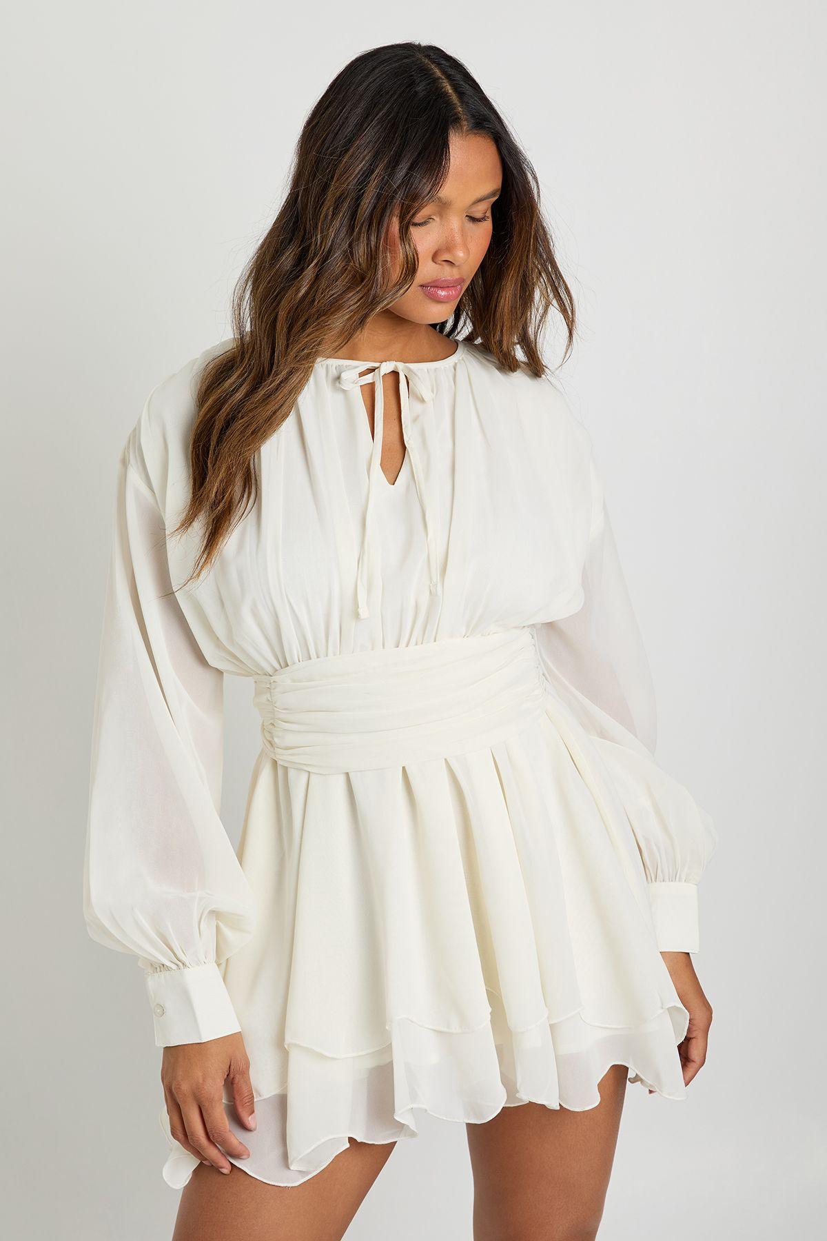 Chiffon Long Sleeve Skater Dress by BOOHOO