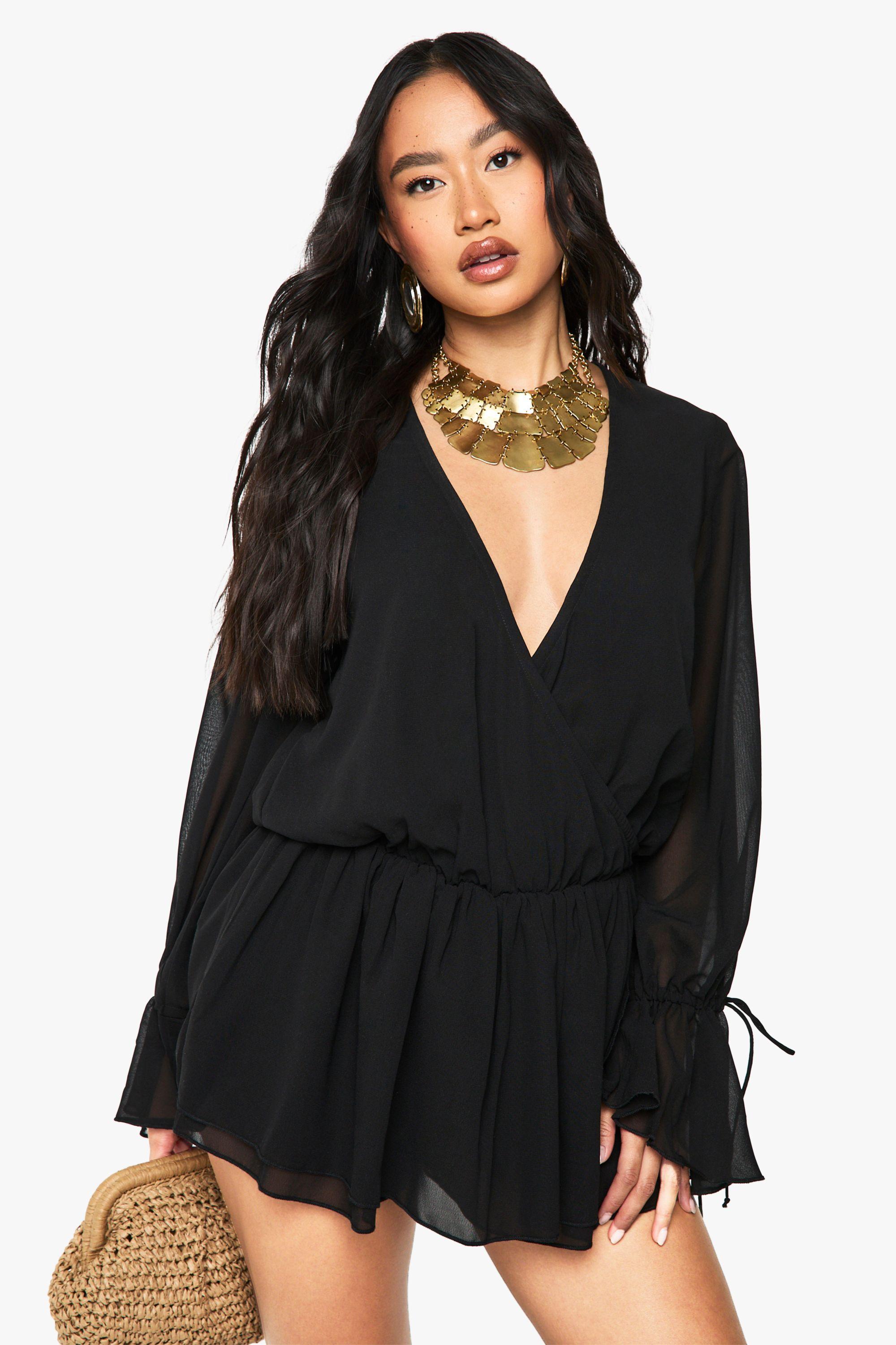 Chiffon Long Sleeve V Neck Playsuit by BOOHOO
