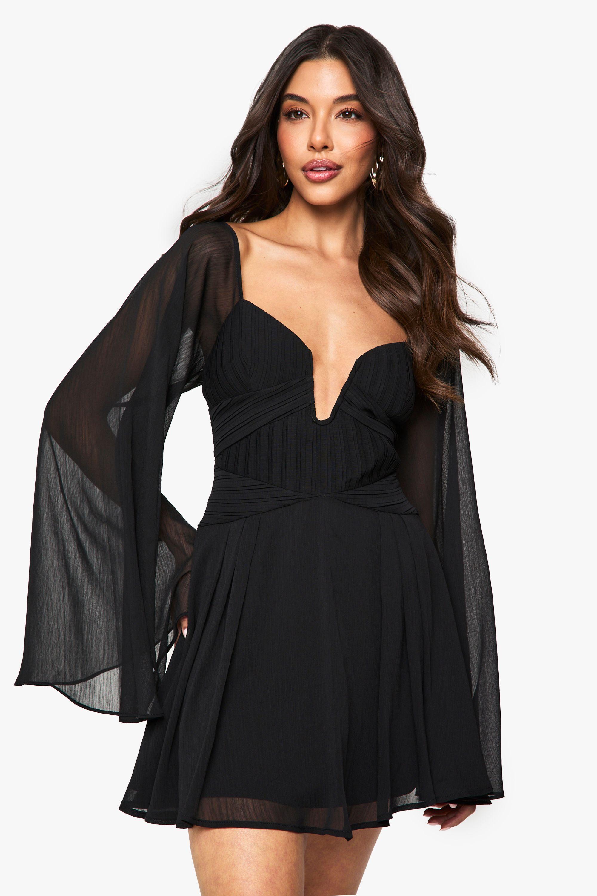 Chiffon Pleated Long Sleeve Mini Dress by BOOHOO