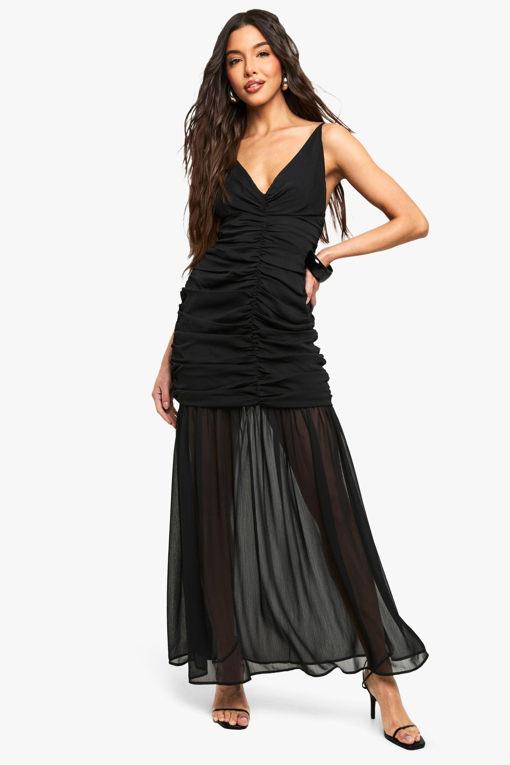 Chiffon Ruched Plunge Maxi Dress by BOOHOO