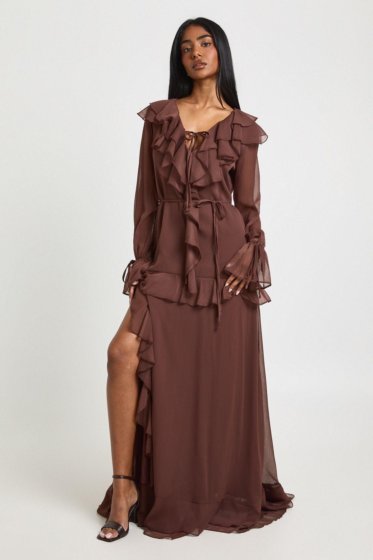 Chiffon Ruffle Detail Floaty Maxi Dress by BOOHOO