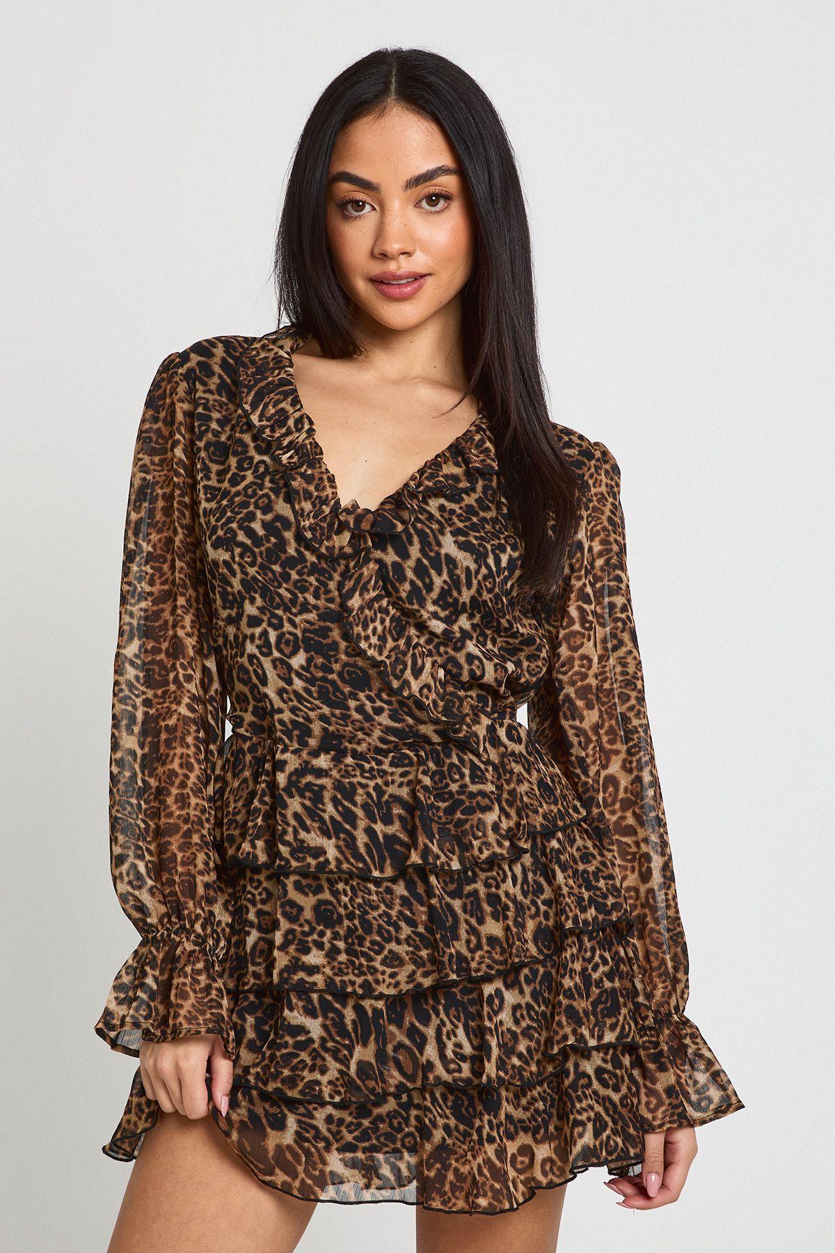 Chiffon Ruffle Detail Leopard Mini Dress by BOOHOO