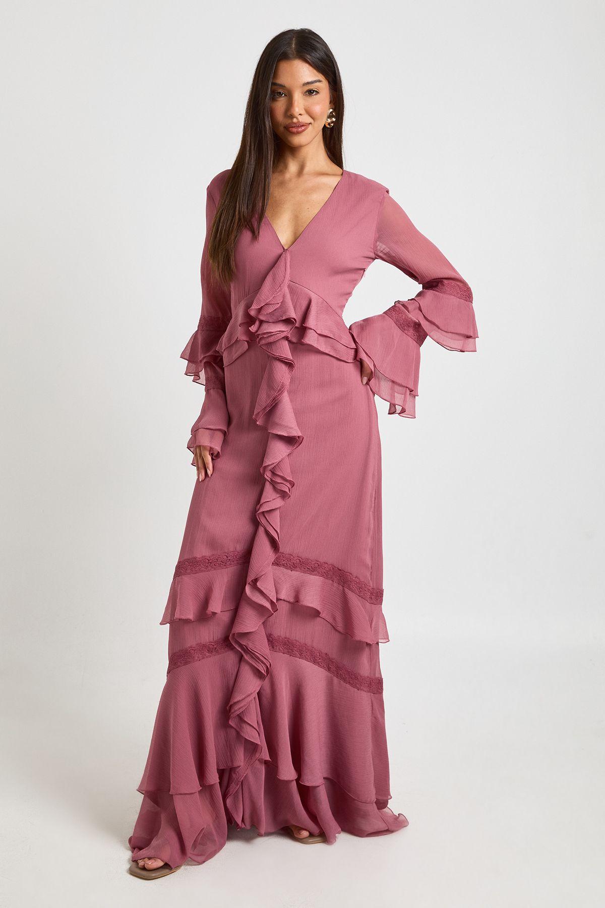 Chiffon Ruffle Lace Trim Detail Maxi Dress by BOOHOO