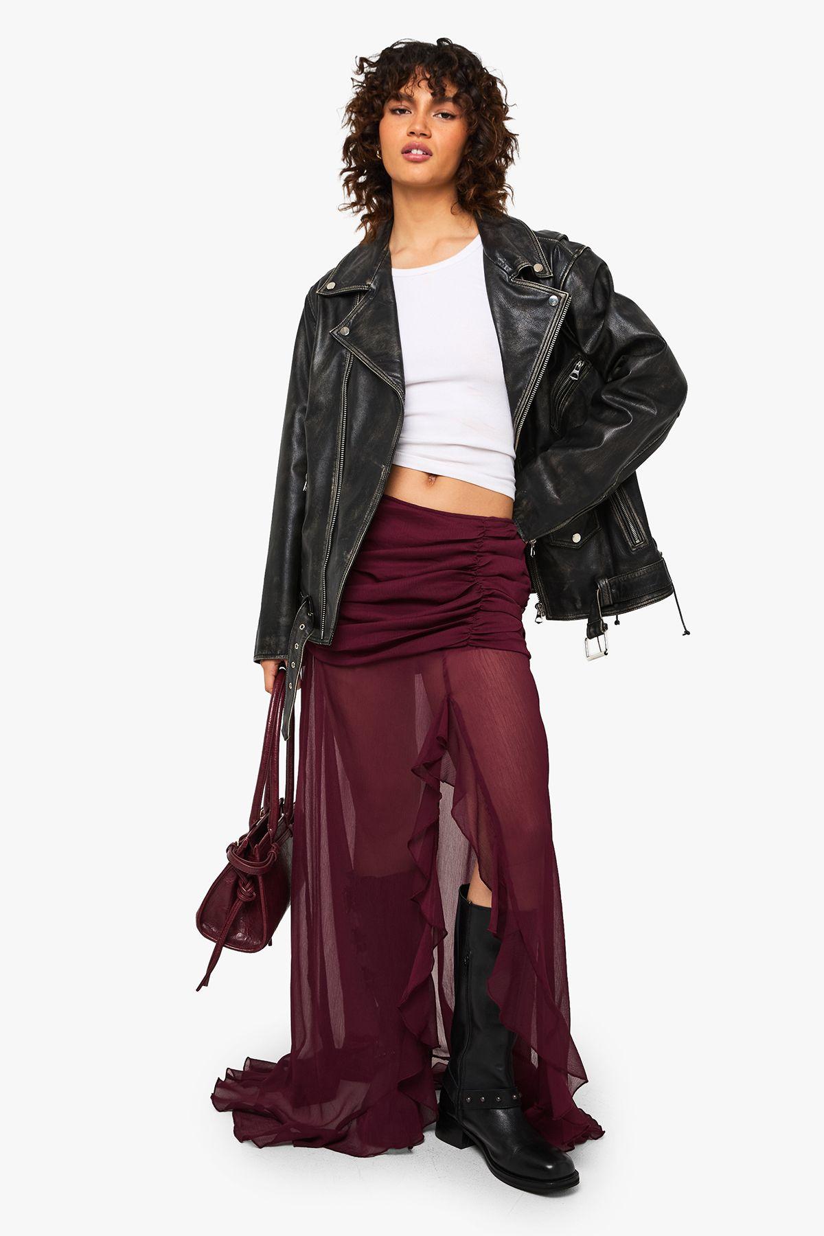 Chiffon Ruffle Split Leg Maxi Skirt by BOOHOO