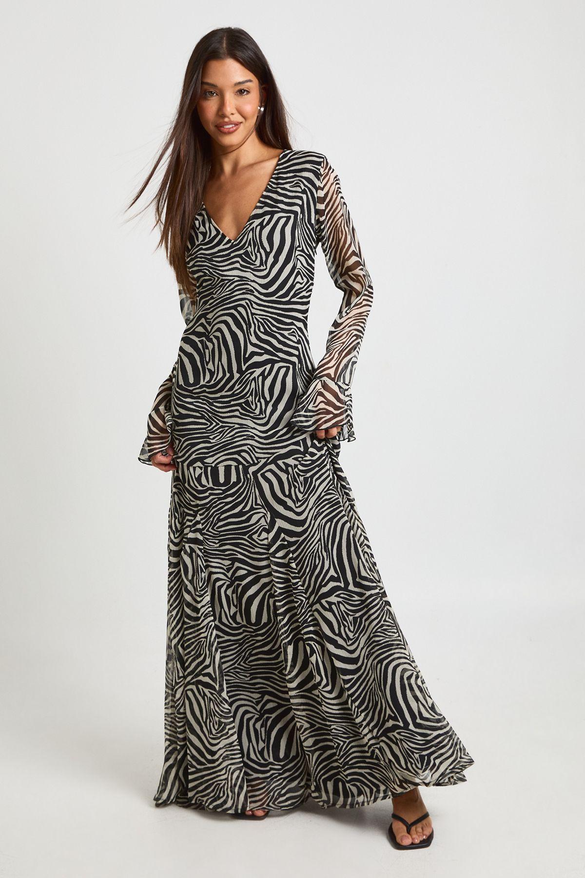 Chiffon Ruffle Zebra Fit & Flare Maxi Dress by BOOHOO
