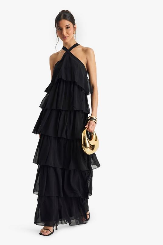 Chiffon Tiered Halterneck Maxi Dress by BOOHOO