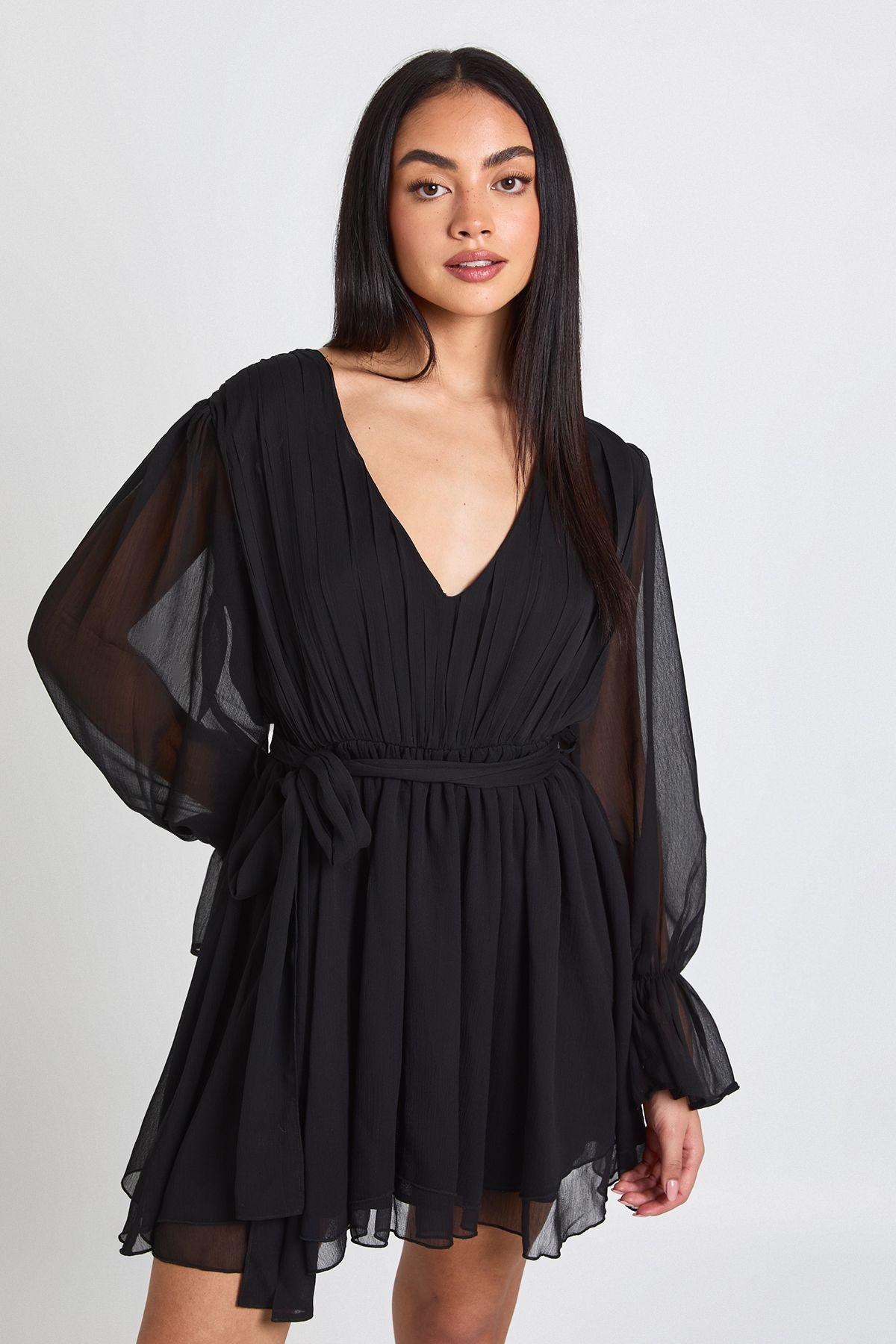 Chiffon Volume Sleeve  Tie Waist Mini Dress by BOOHOO
