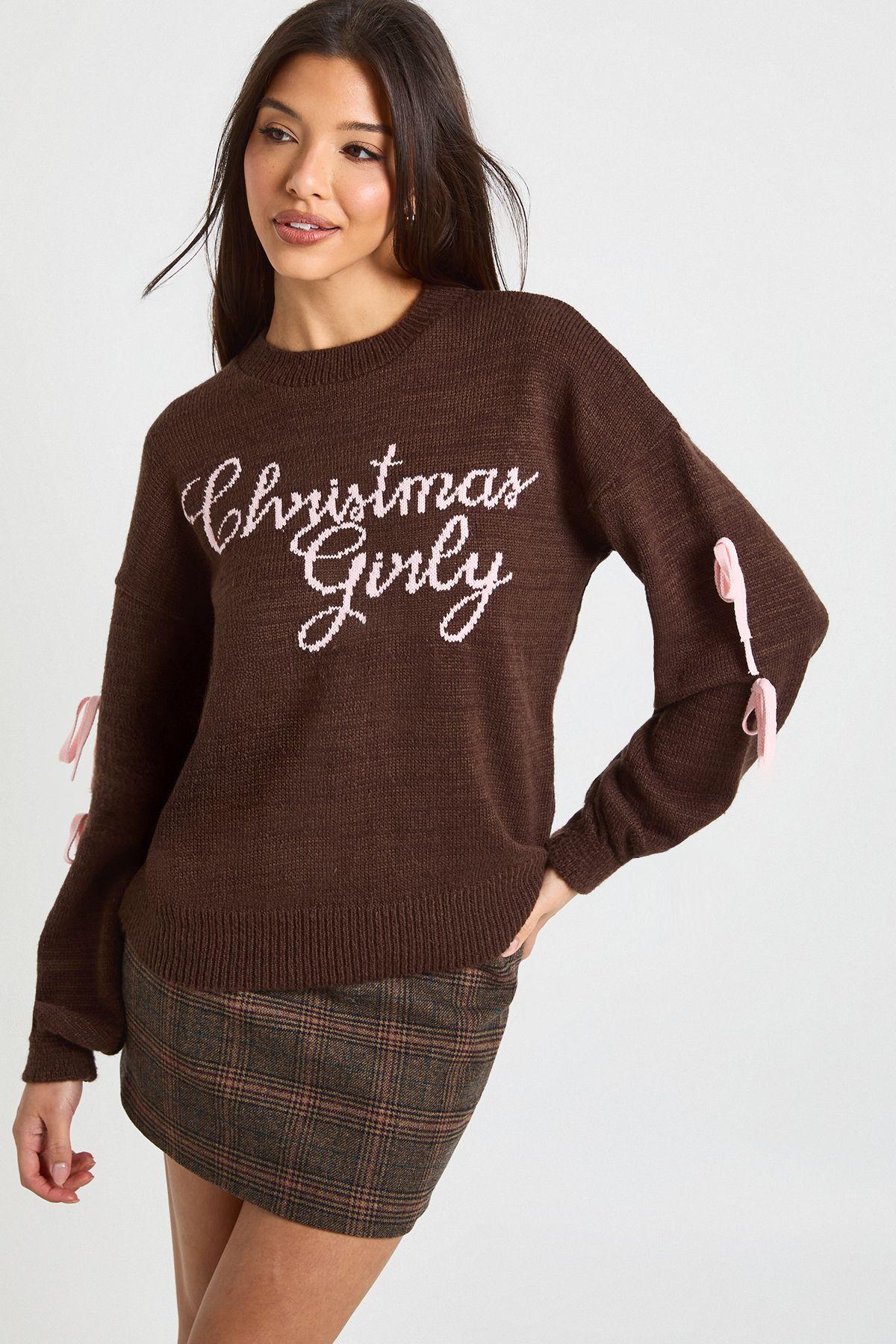 Christmas Girly Bow Christmas Jumper by BOOHOO