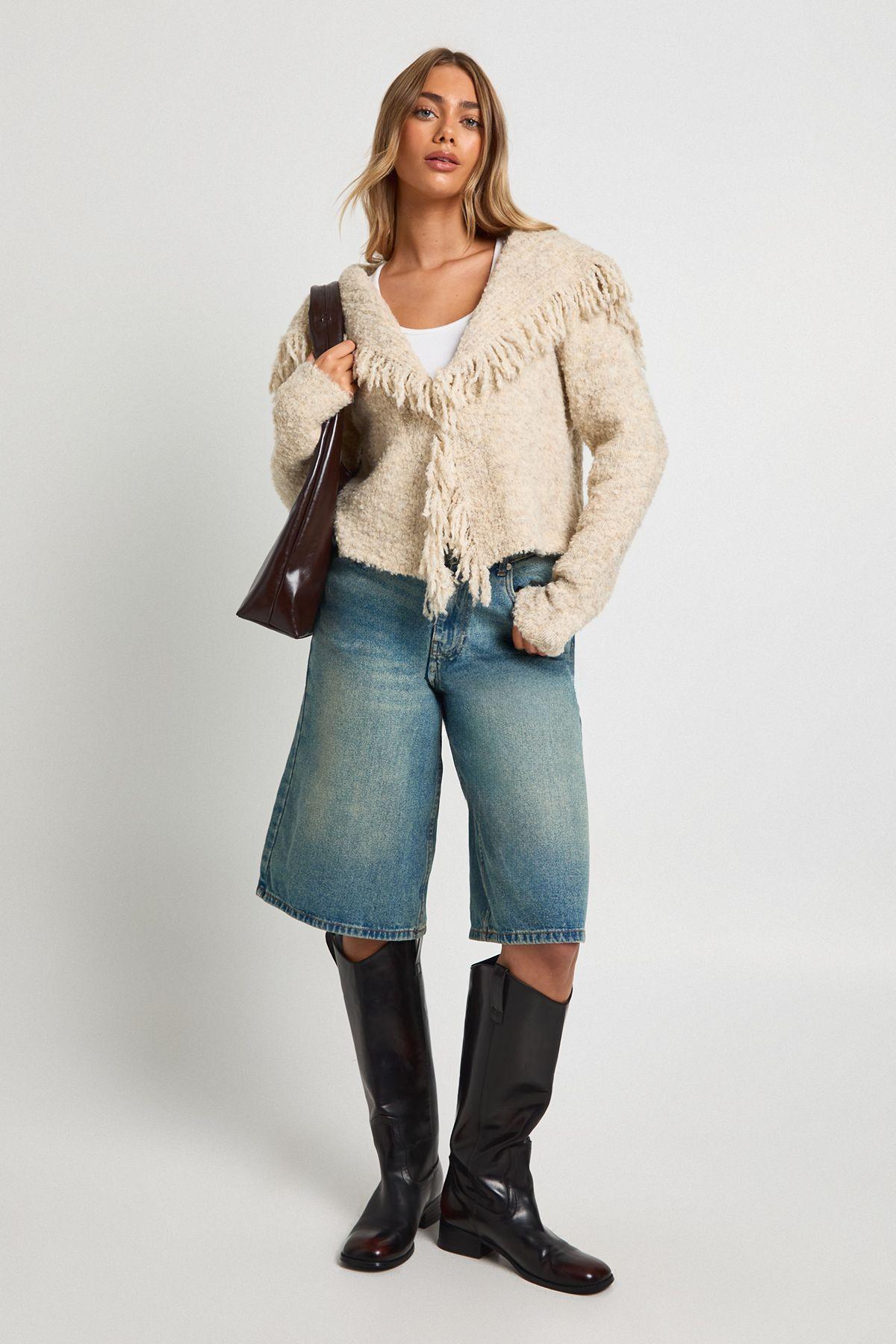 Chunky Boucle Knit Fringe Collar Detail Cardigan by BOOHOO