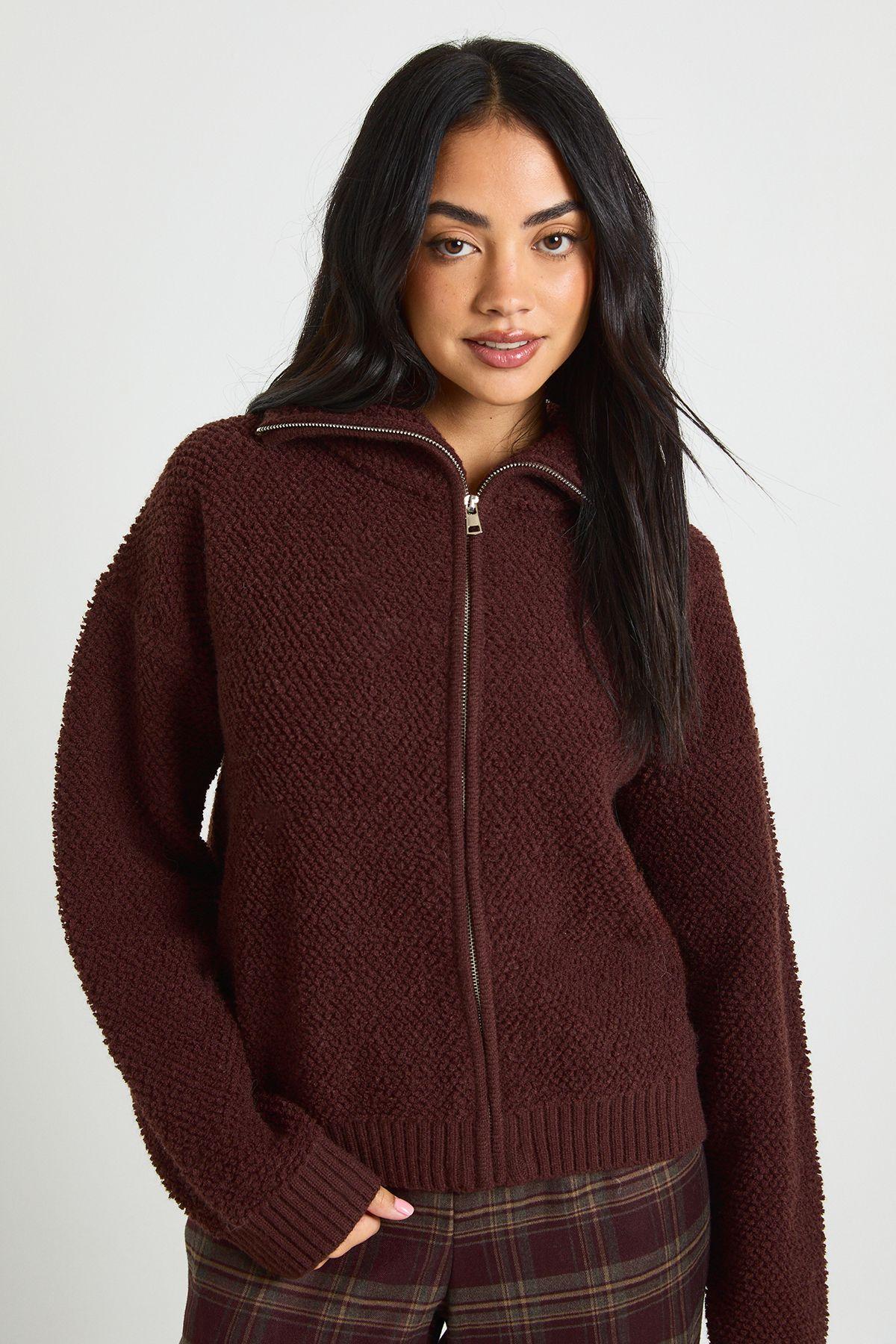 Chunky Boucle Knit Zip Through Jumper by BOOHOO