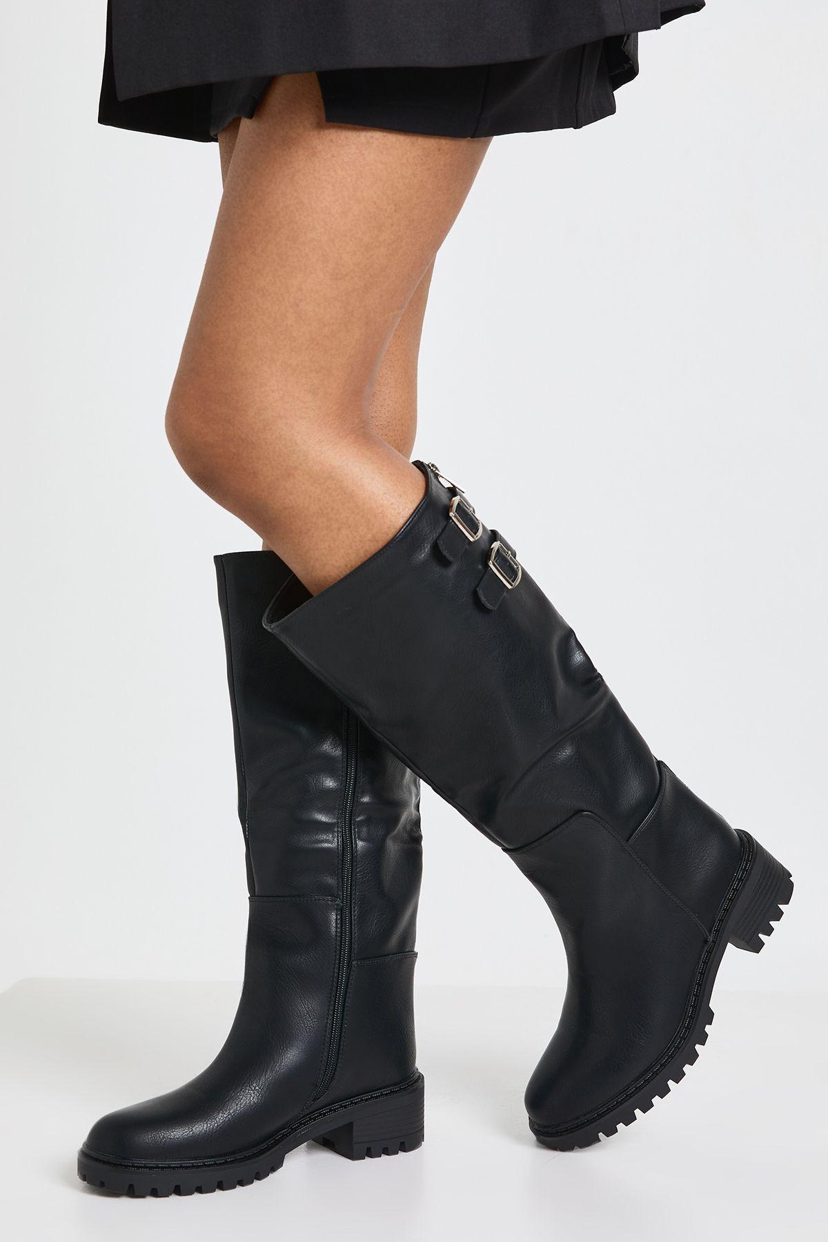 Chunky Double Buckle Detail Knee High Boots by BOOHOO