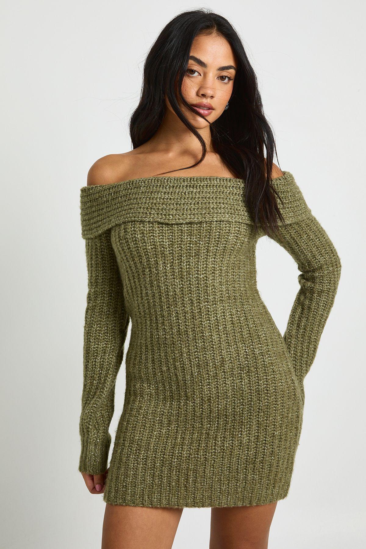 Chunky Knit Bardot Mini Dress by BOOHOO