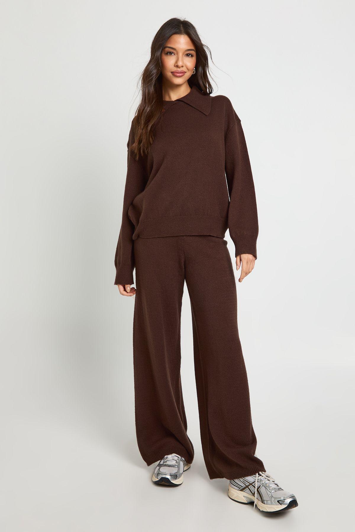 Chunky Knit Collar Detail Oversized Knitted Jumper and Wide Leg Trouser Co-Ord by BOOHOO