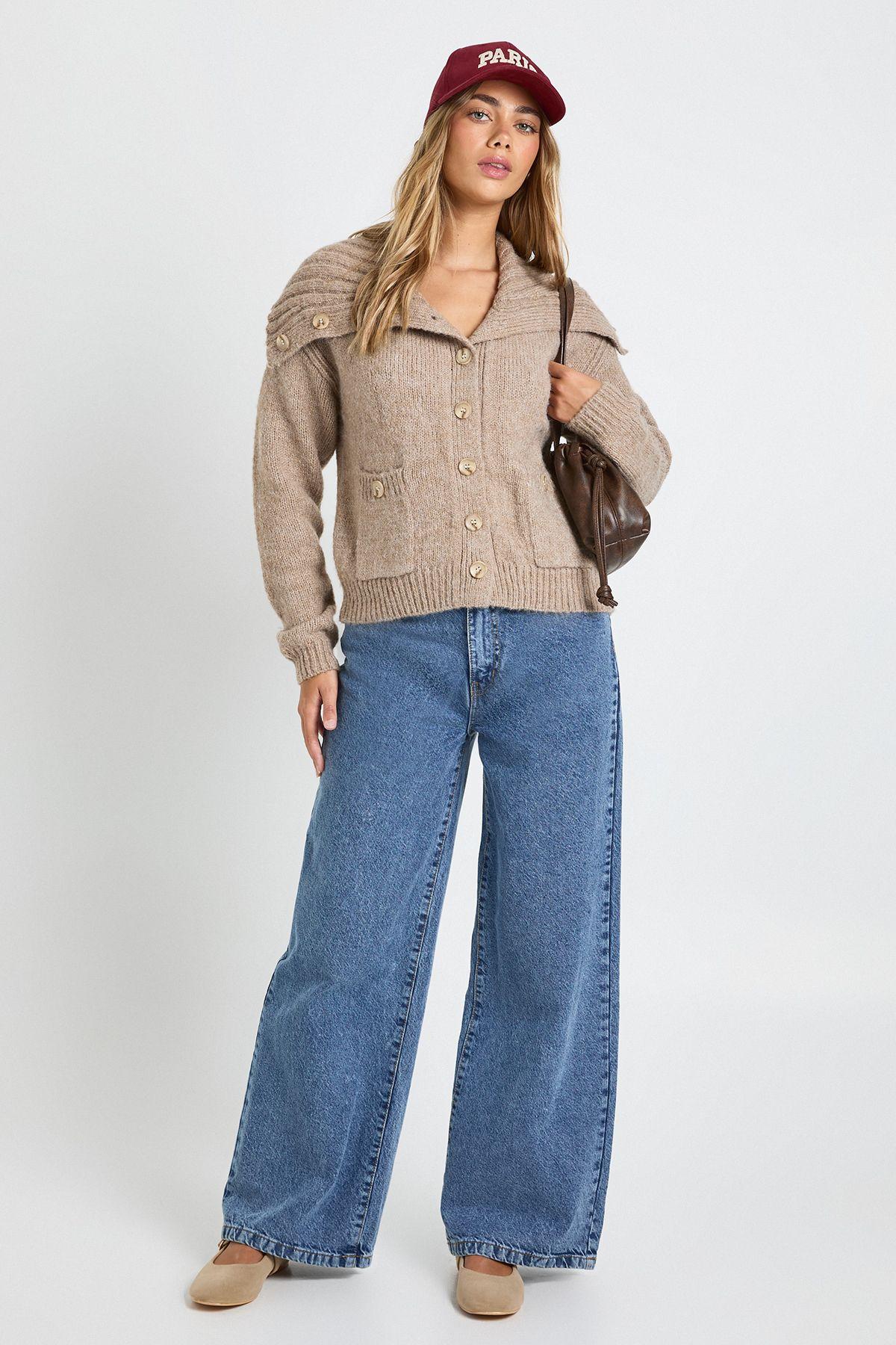 Chunky Knit Oversized Collar Detail Button Through Cardigan by BOOHOO