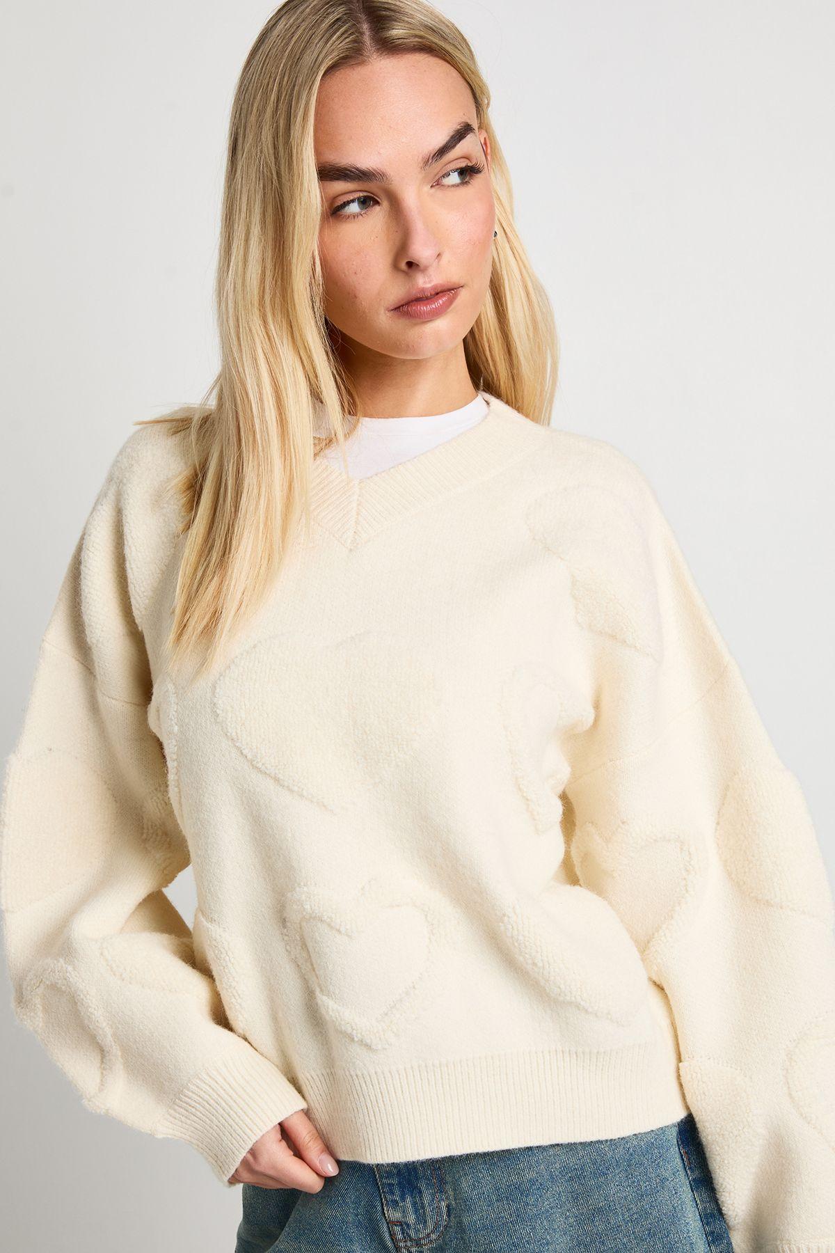 Chunky Knit V Neck Heart Print Jumper by BOOHOO