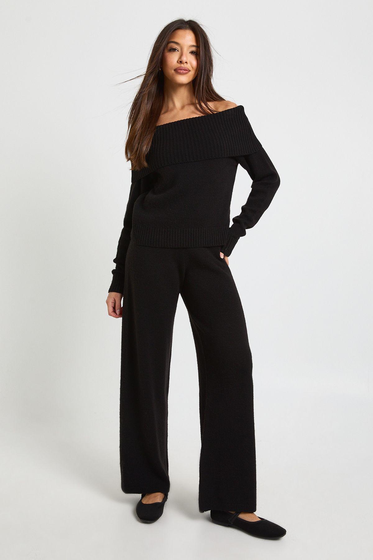 Chunky Knitted Bardot Jumper and Straight Leg Trouser Co-Ord by BOOHOO