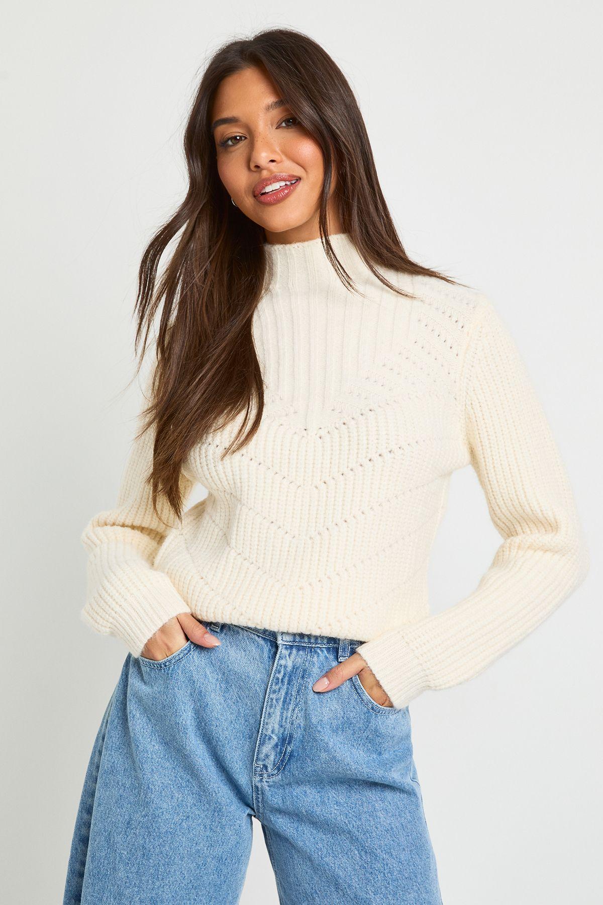 Chunky Pointelle Knitted High Neck Crop Jumper by BOOHOO