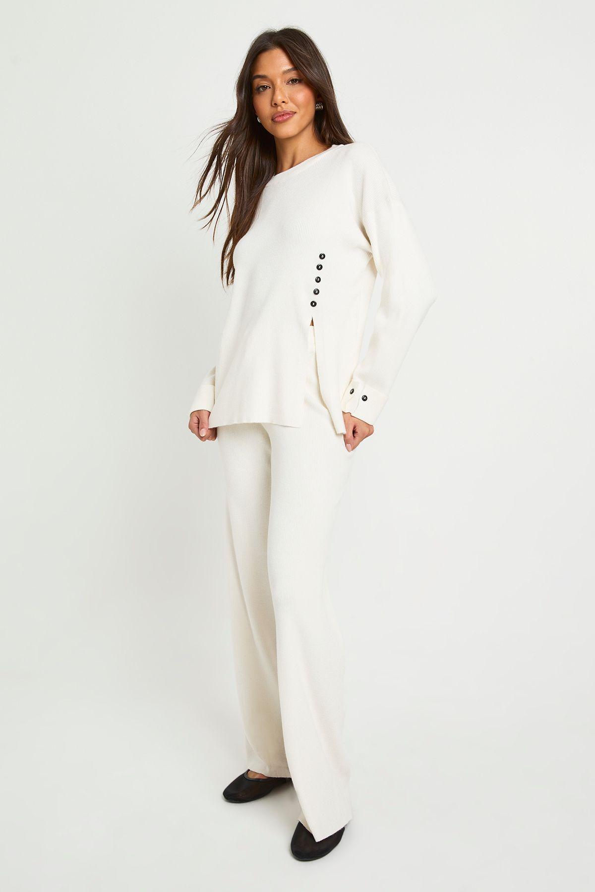 Chunky Rib Button Hem Detail Crew Neck Jumper and Straight Leg Trouser Co-Ord by BOOHOO