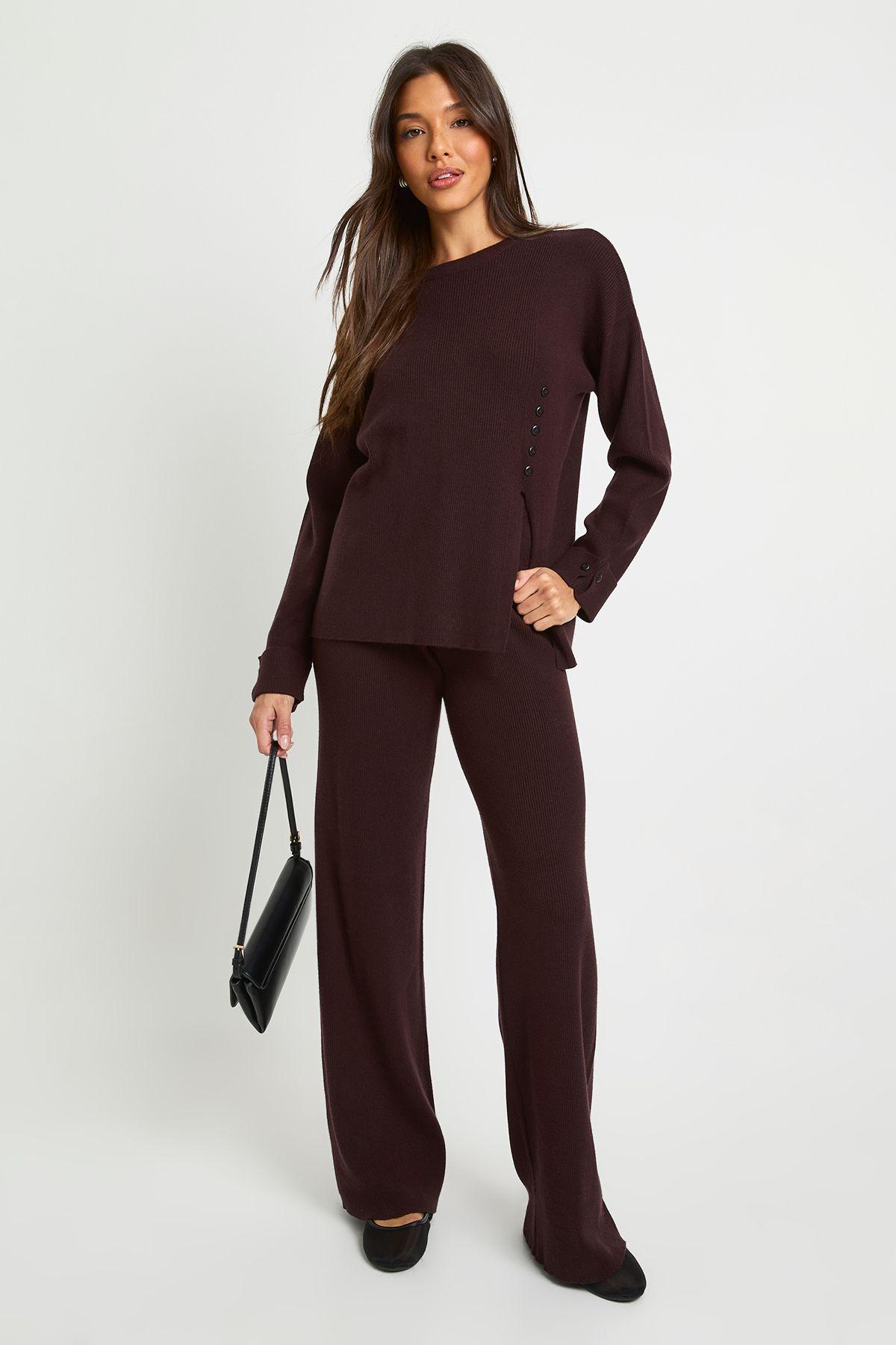 Chunky Rib Button Hem Detail Crew Neck Jumper and Straight Leg Trouser Co-Ord by BOOHOO