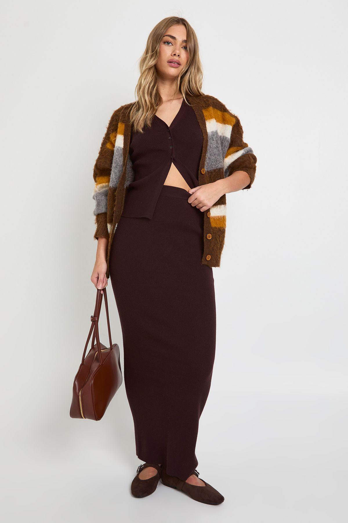 Chunky Rib V Neck Knitted Waistcoat and Maxi Skirt Co-Ord by BOOHOO
