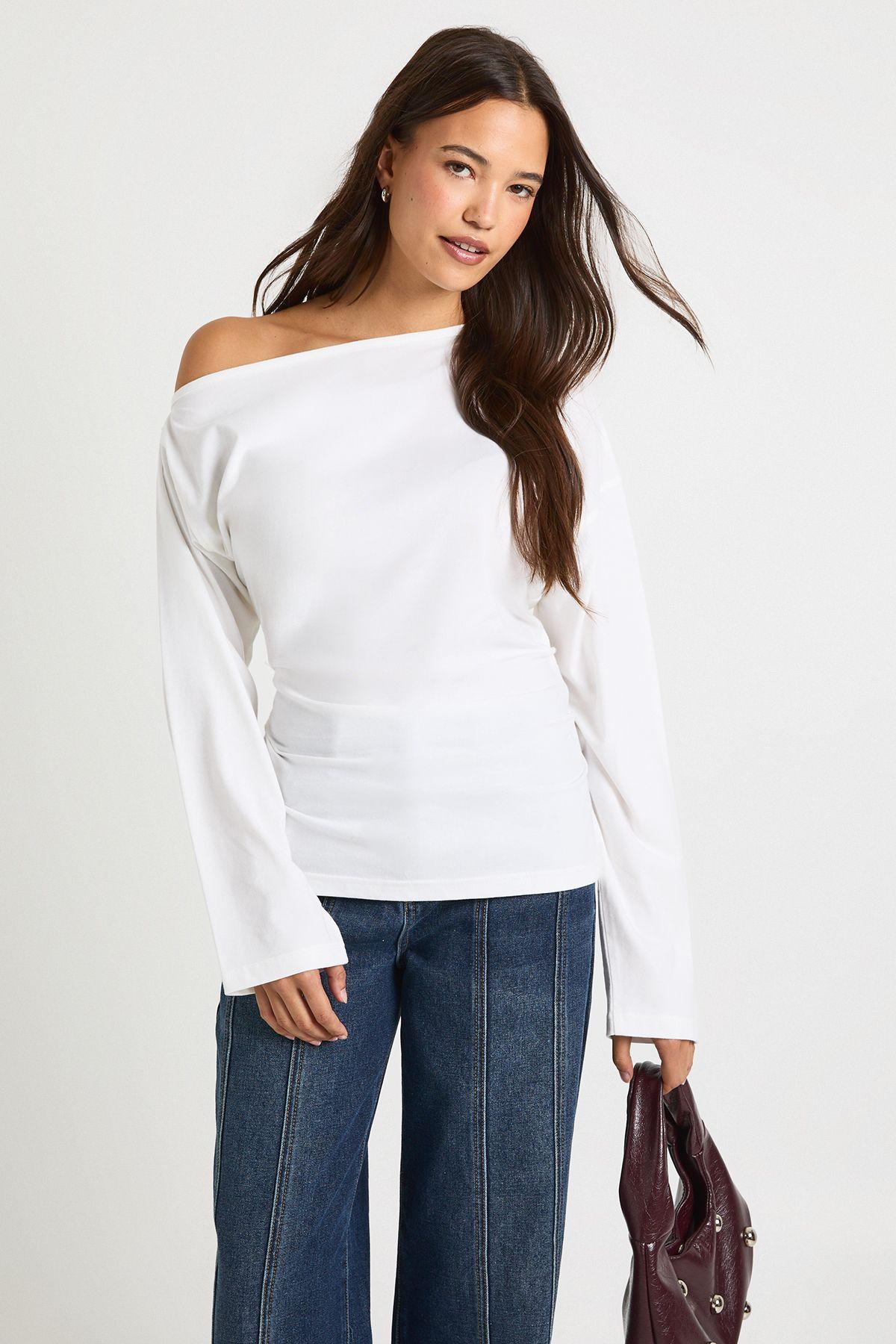 Cinched Waist Off Shoulder T-shirt by BOOHOO