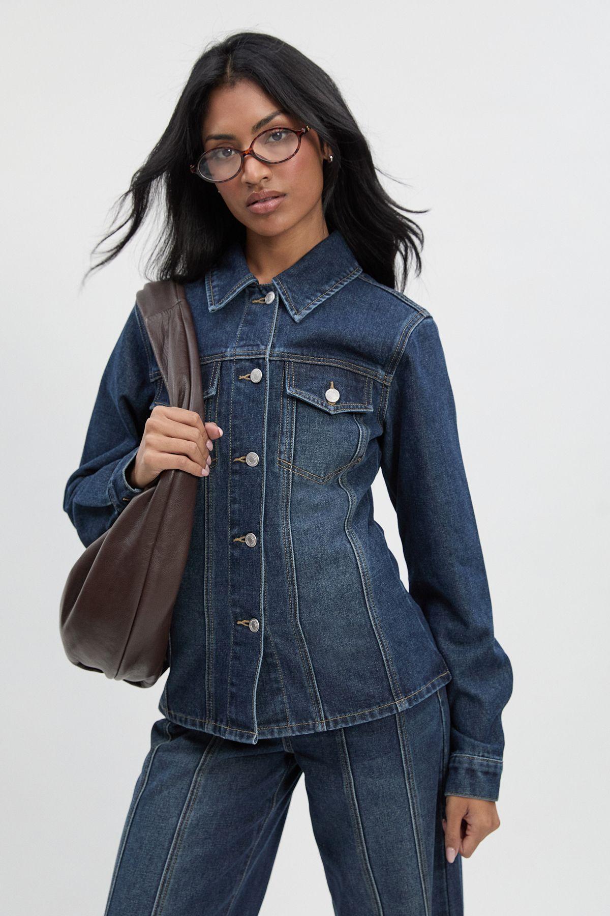 Cinched Waist Seam Detail Denim Jacket by BOOHOO