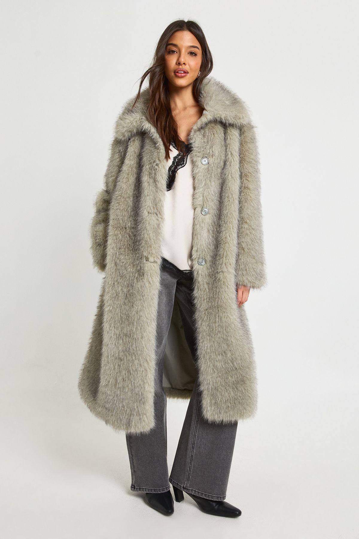 Collared Button Up Midaxi Fur Coat by BOOHOO