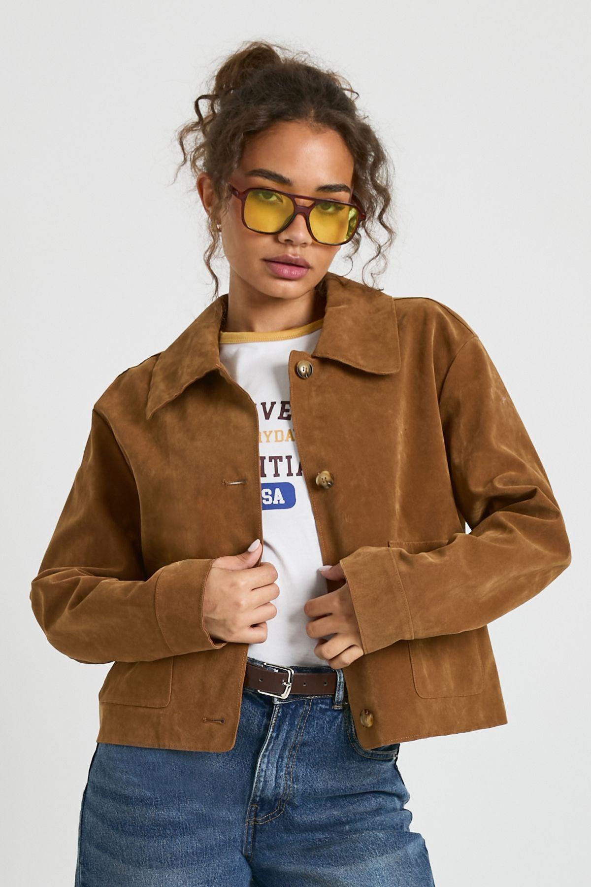 Collared Button Up Suede Look Jacket by BOOHOO