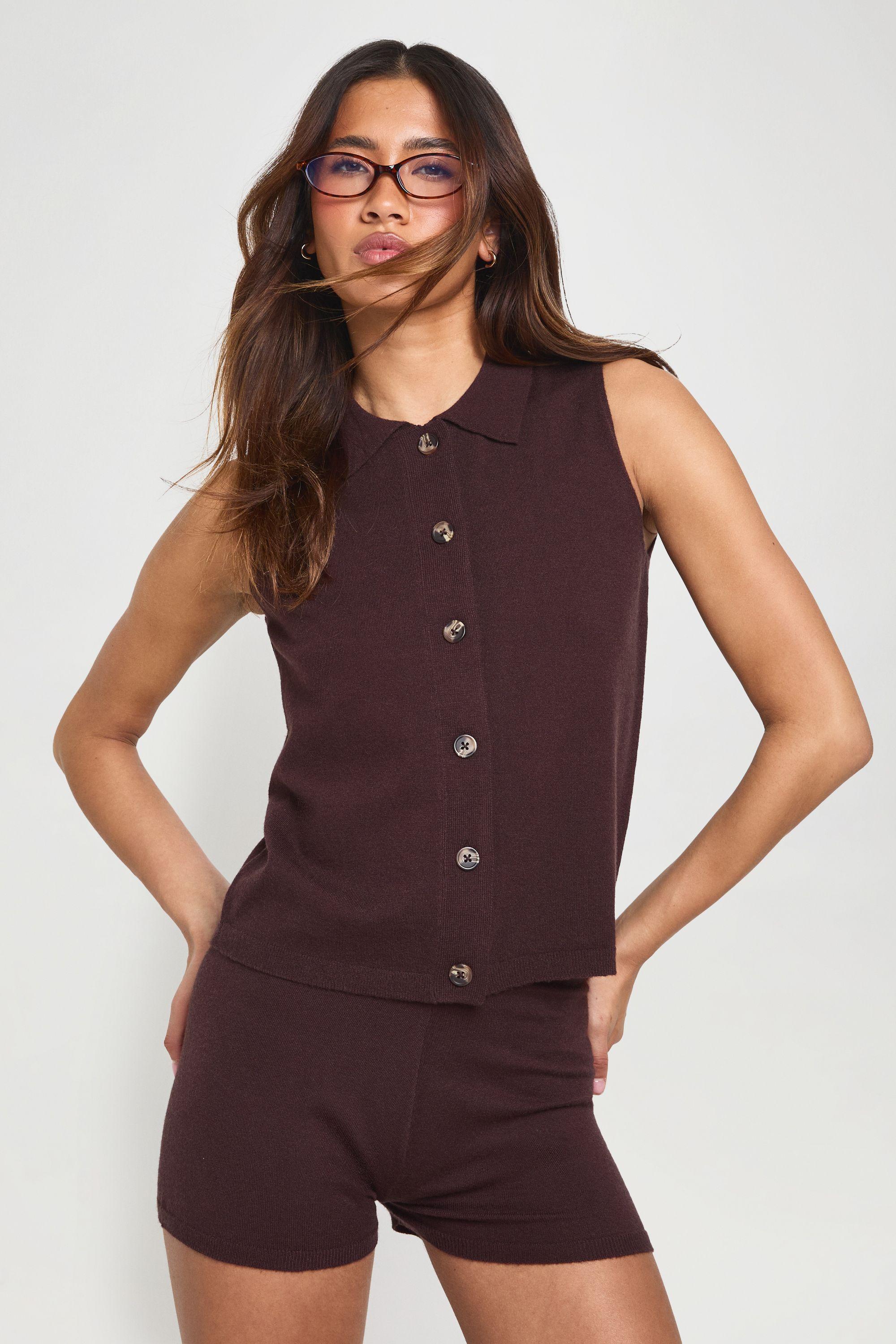 Collared Knitted Waistcoat and Knitted Short Set by BOOHOO