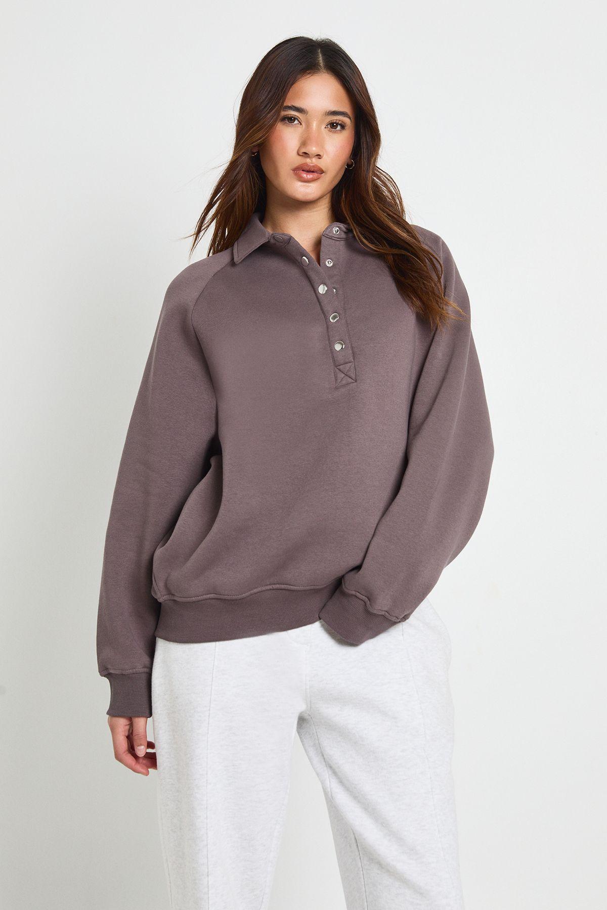Collared Popper Oversized Sweatshirt by BOOHOO