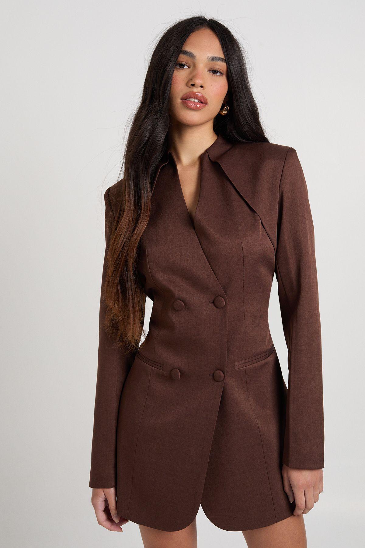 Collarless Button Front Blazer Dress by BOOHOO