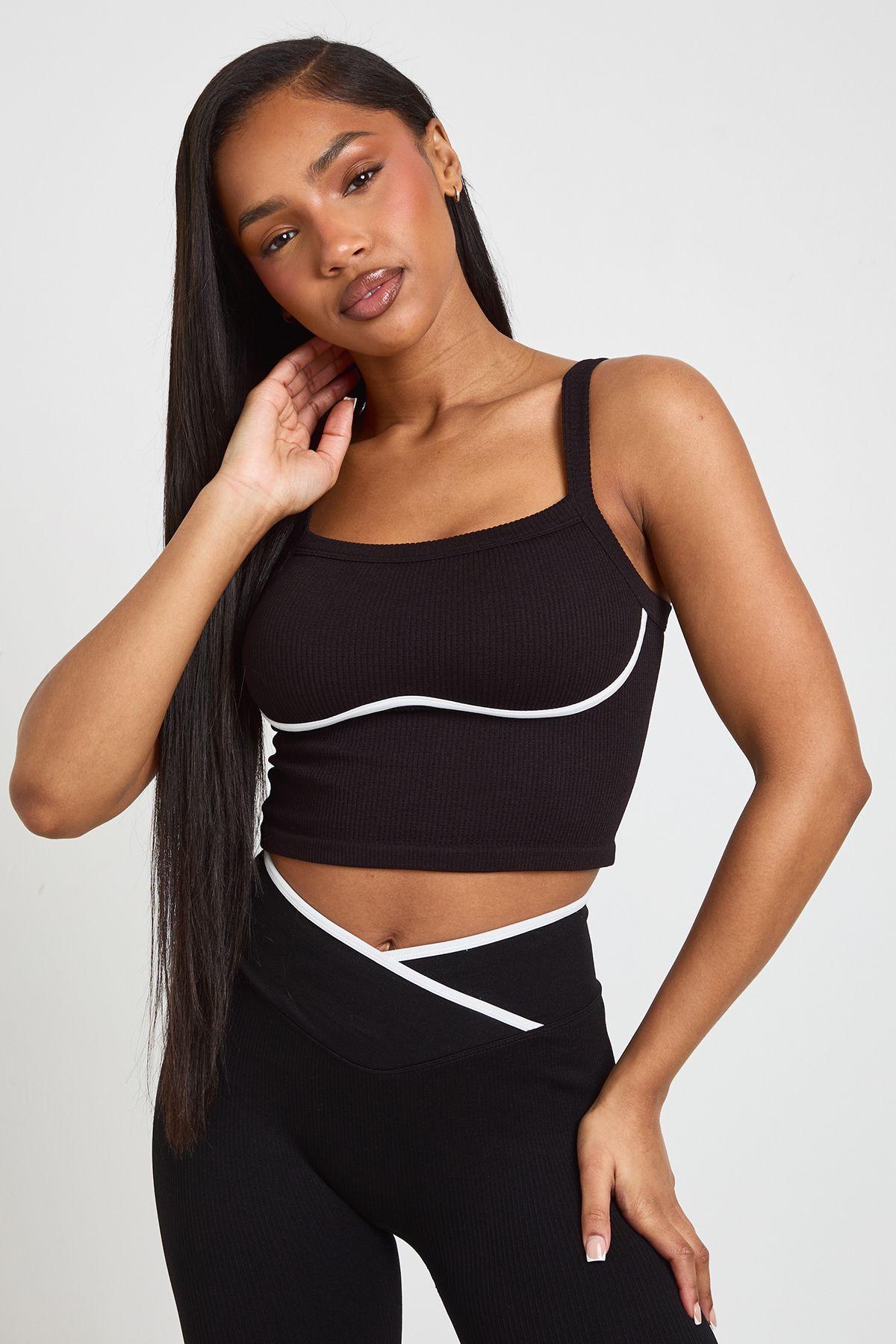 Contour Ribbed Seamless Contrast Binding Padded Sports Top by BOOHOO