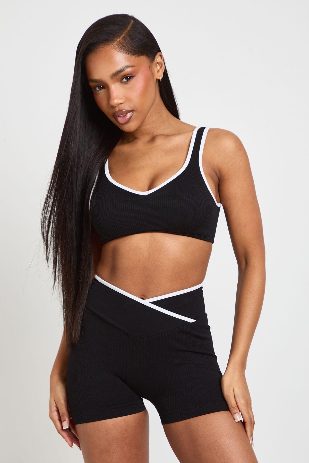 Contour Ribbed Seamless Contrast Bum Scrunch Wrap Active Shorts by BOOHOO