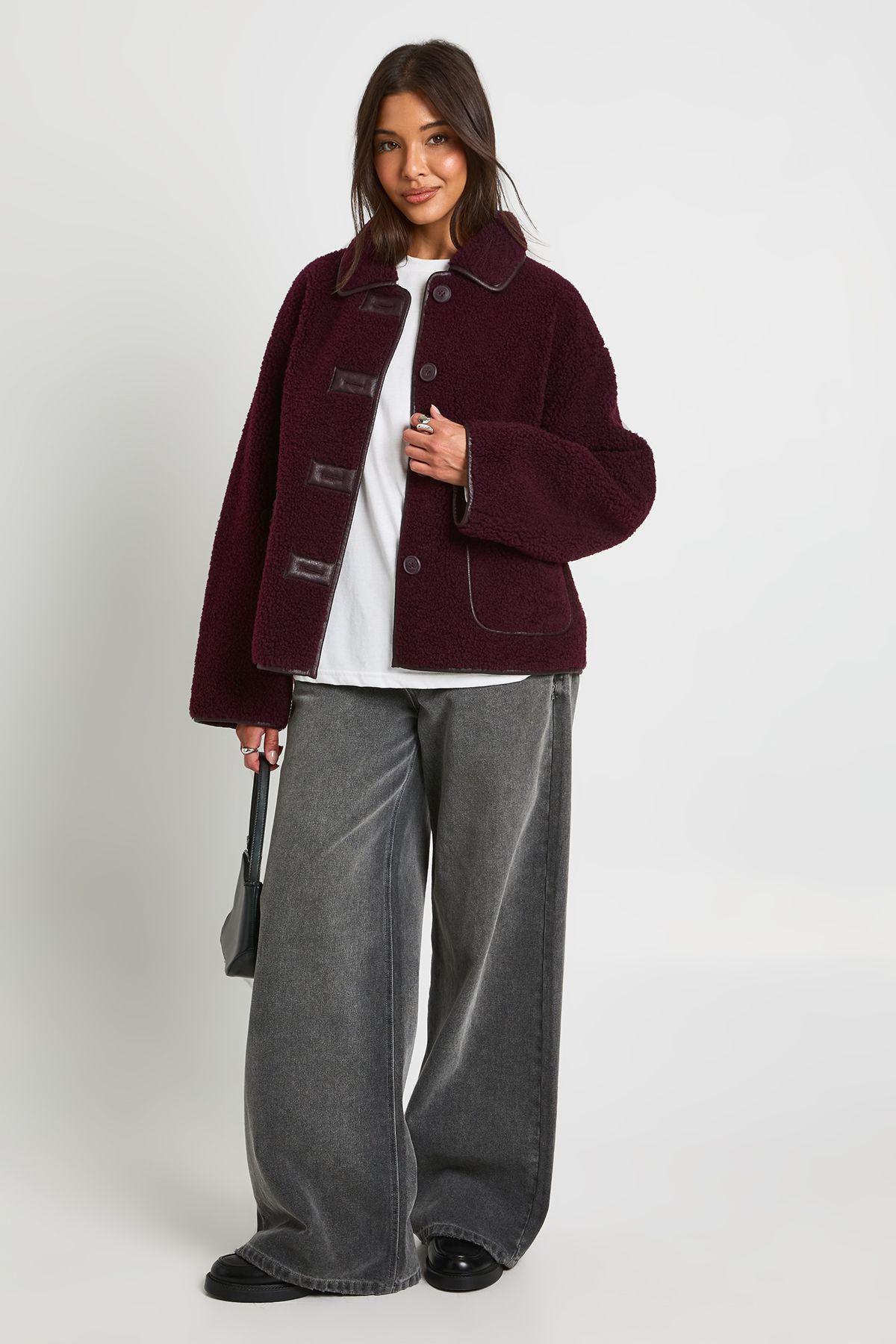 Contrast Binding Collared Teddy Aviator Jacket by BOOHOO Contrast Binding Collared Teddy Aviator Jacket by BOOHOO