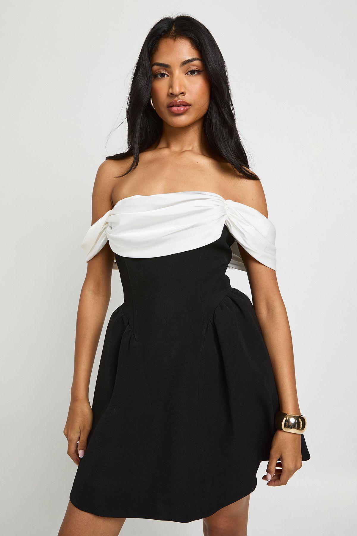 Contrast Drape Detail Mini Skater Dress by BOOHOO