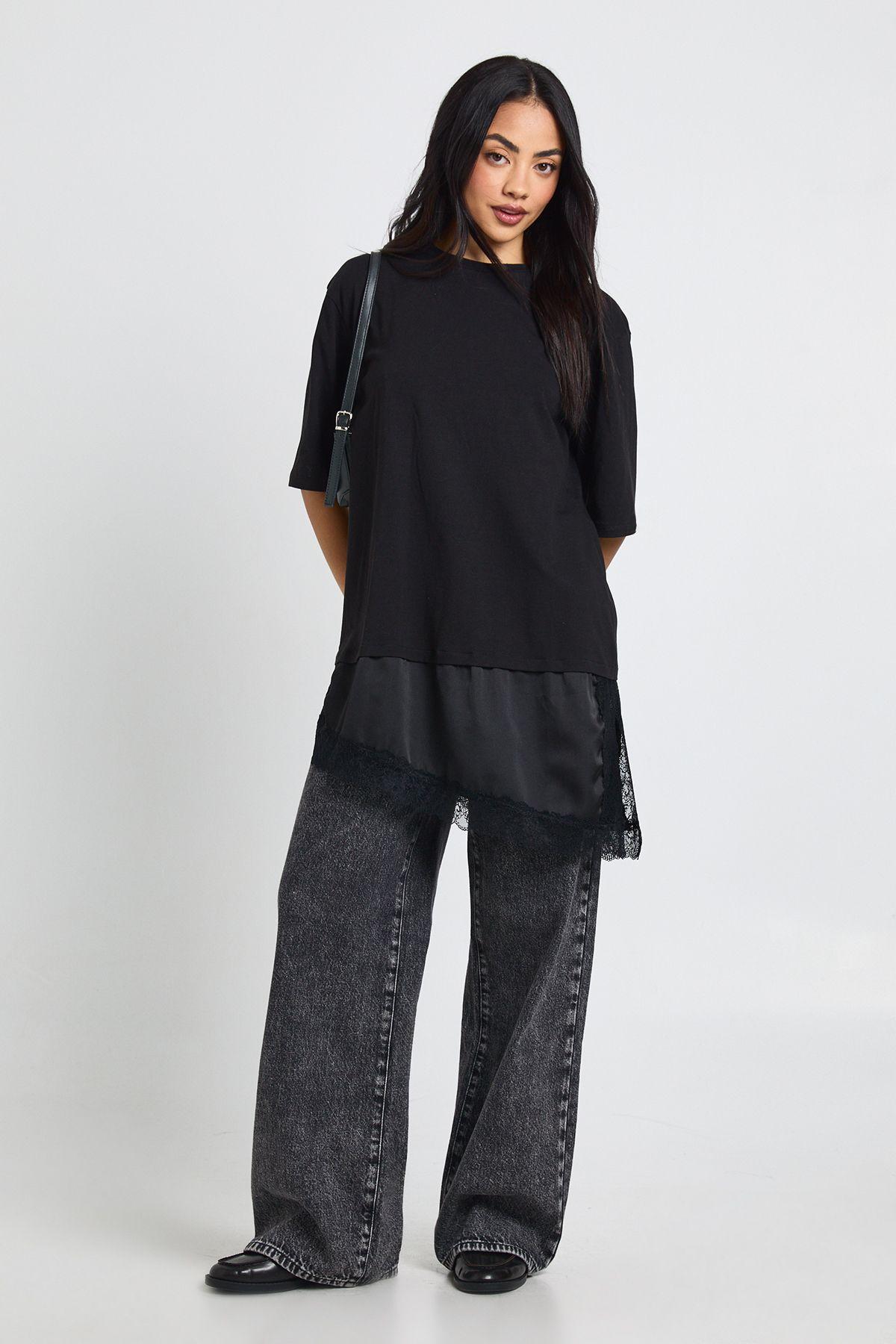 Contrast Lace Satin Underlayer T-Shirt by BOOHOO