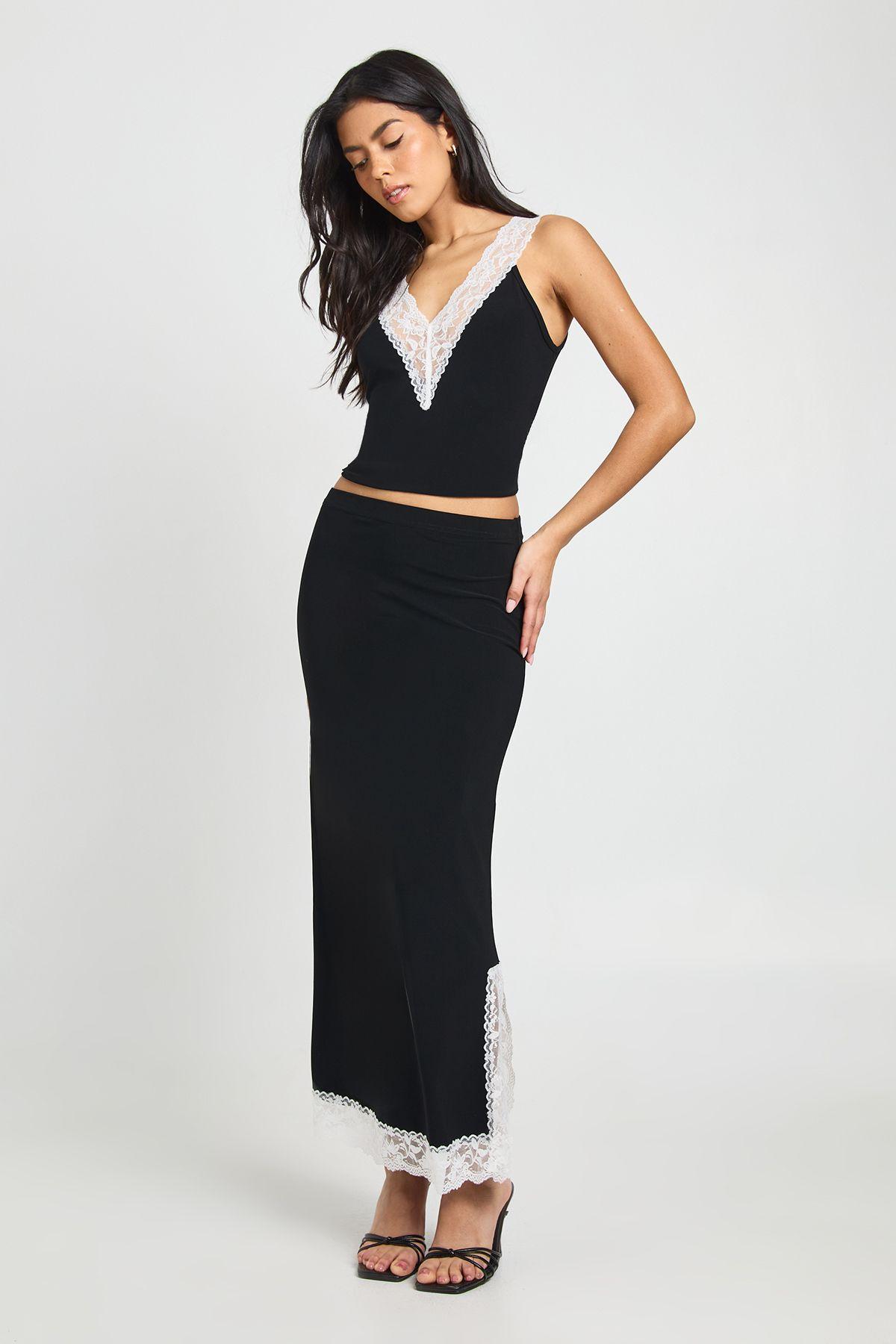 Contrast Lace Trim Split Hem Midi Skirt by BOOHOO