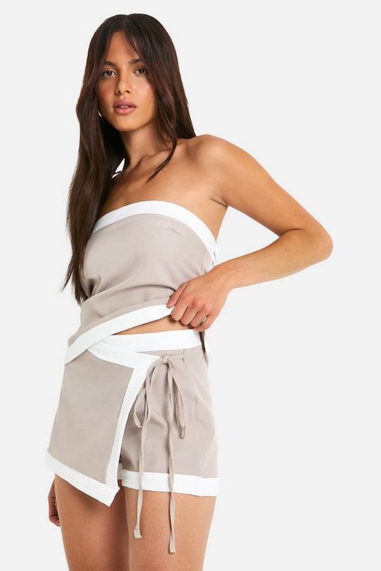 Contrast Linen Look Wrap Front Skort by BOOHOO Contrast Linen Look Wrap Front Skort by BOOHOO