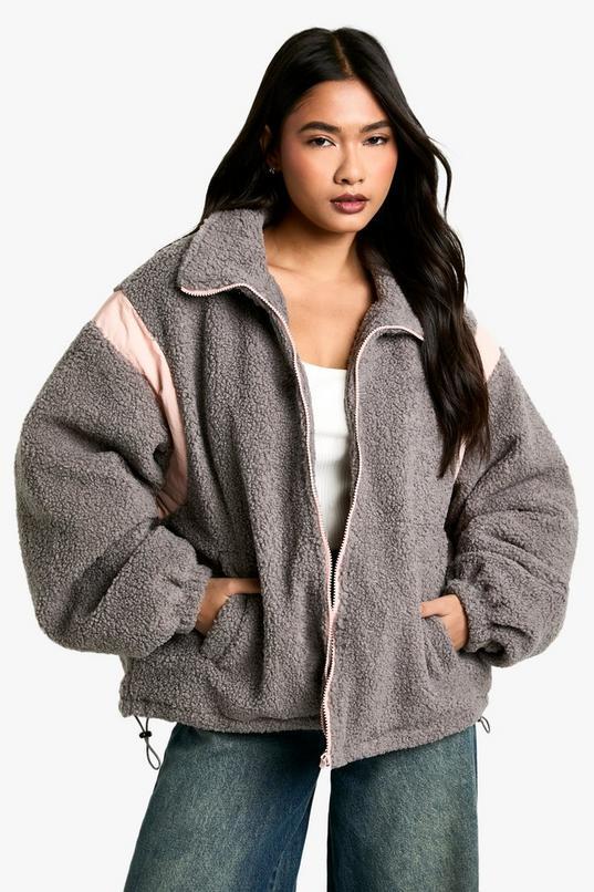 Contrast Nylon Panel Teddy Jacket by BOOHOO