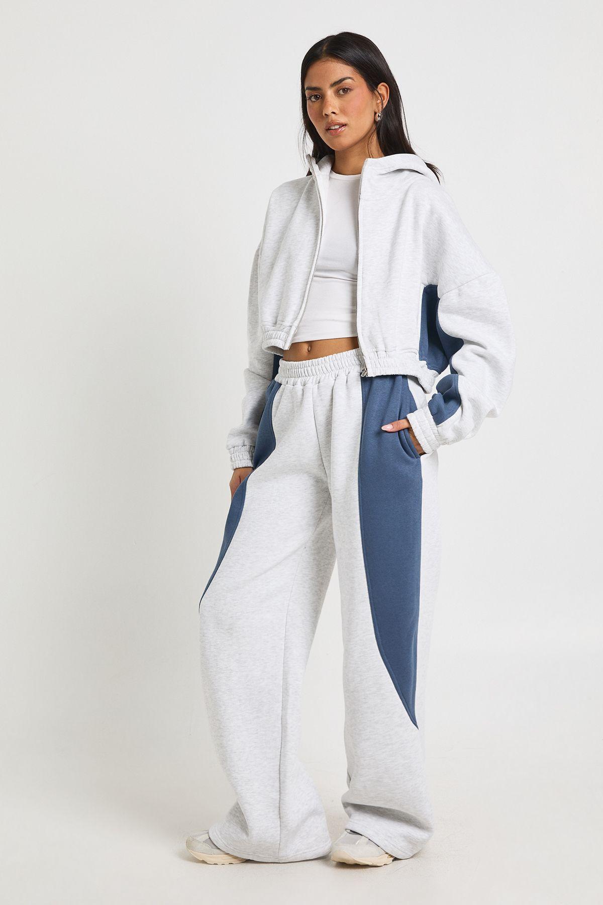 Contrast Panel Zip Through Hoodie Wide Leg Jogger Tracksuit by BOOHOO