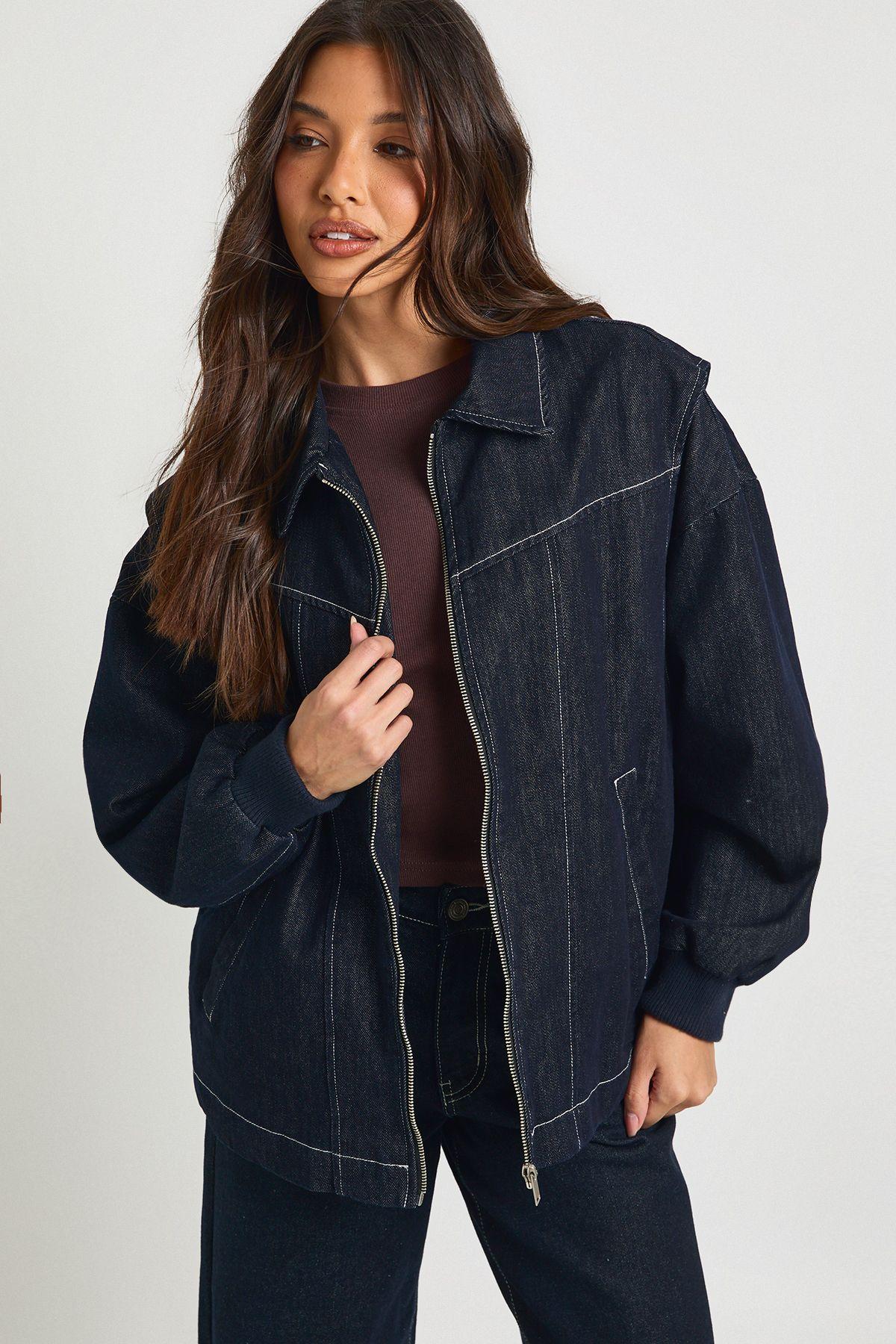 Contrast Stitch Denim Bomber Jacket by BOOHOO