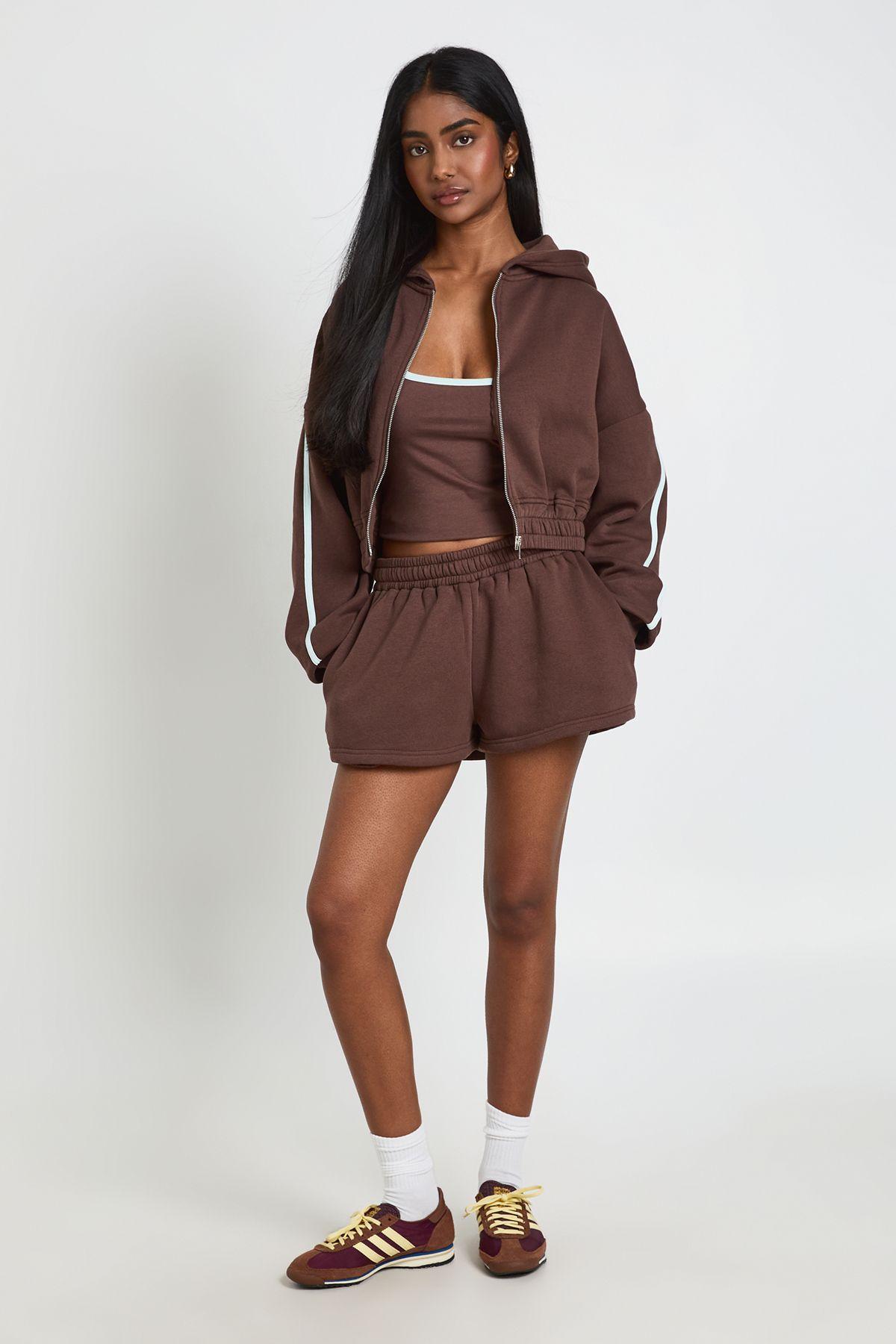 Contrast Stripe Zip Through Hooded 3 Piece Short Tracksuit by BOOHOO