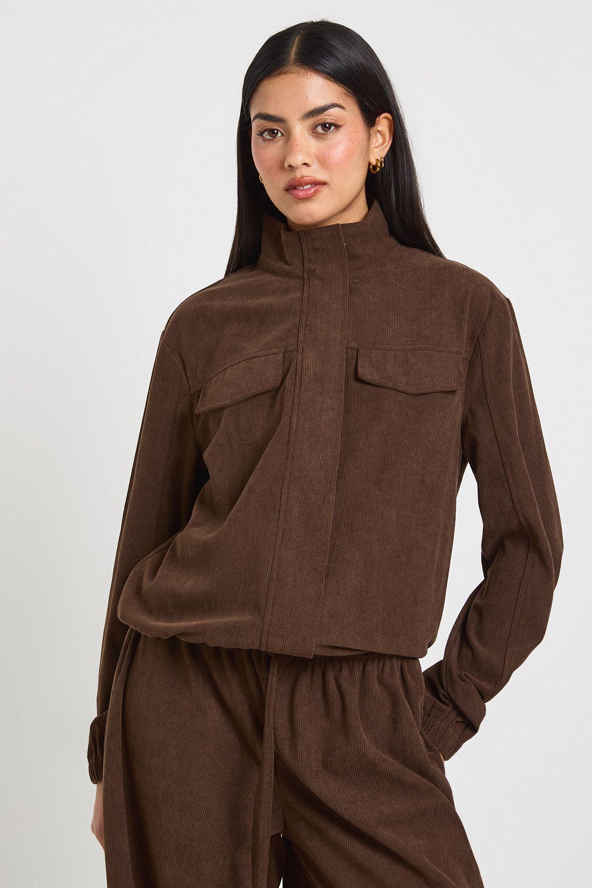 Cord Funnel Neck Tracksuit Top by BOOHOO