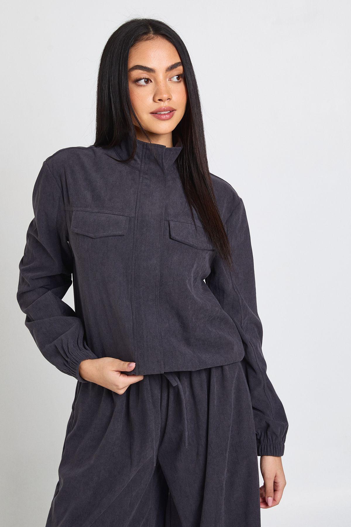 Cord Funnel Neck Tracksuit Top by BOOHOO