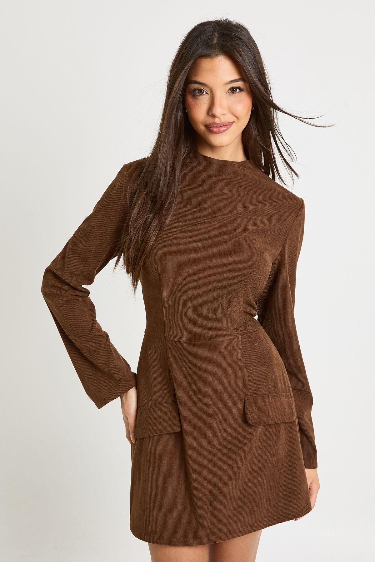 Cord High Neck Neck Mini Dress by BOOHOO Cord High Neck Neck Mini Dress by BOOHOO