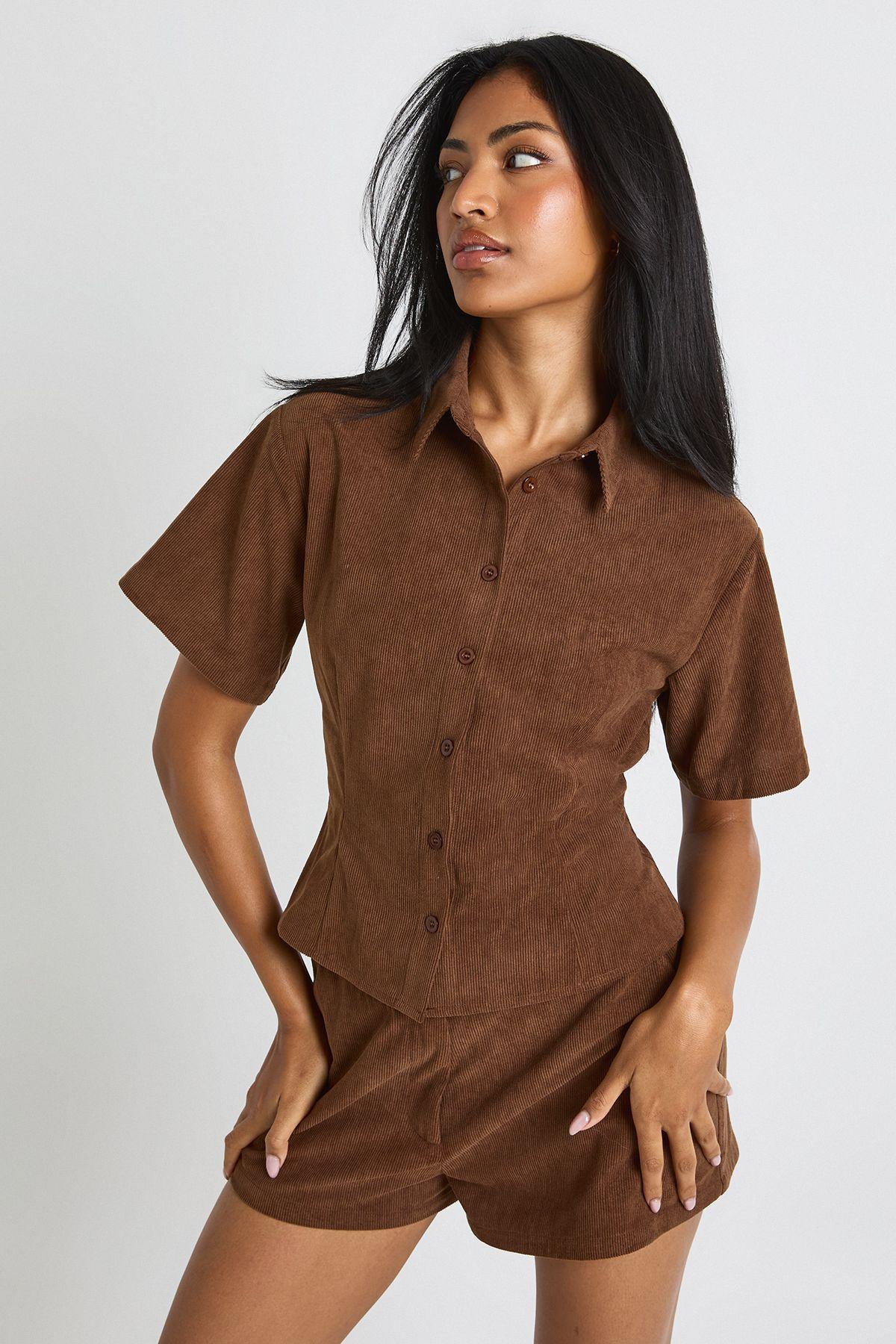 Cord Short Sleeve Fitted Shirt by BOOHOO