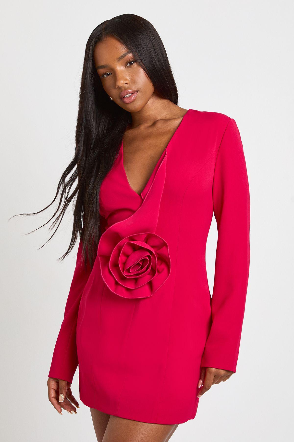 Corsage Detail Plunge Tailored Blazer Dress by BOOHOO
